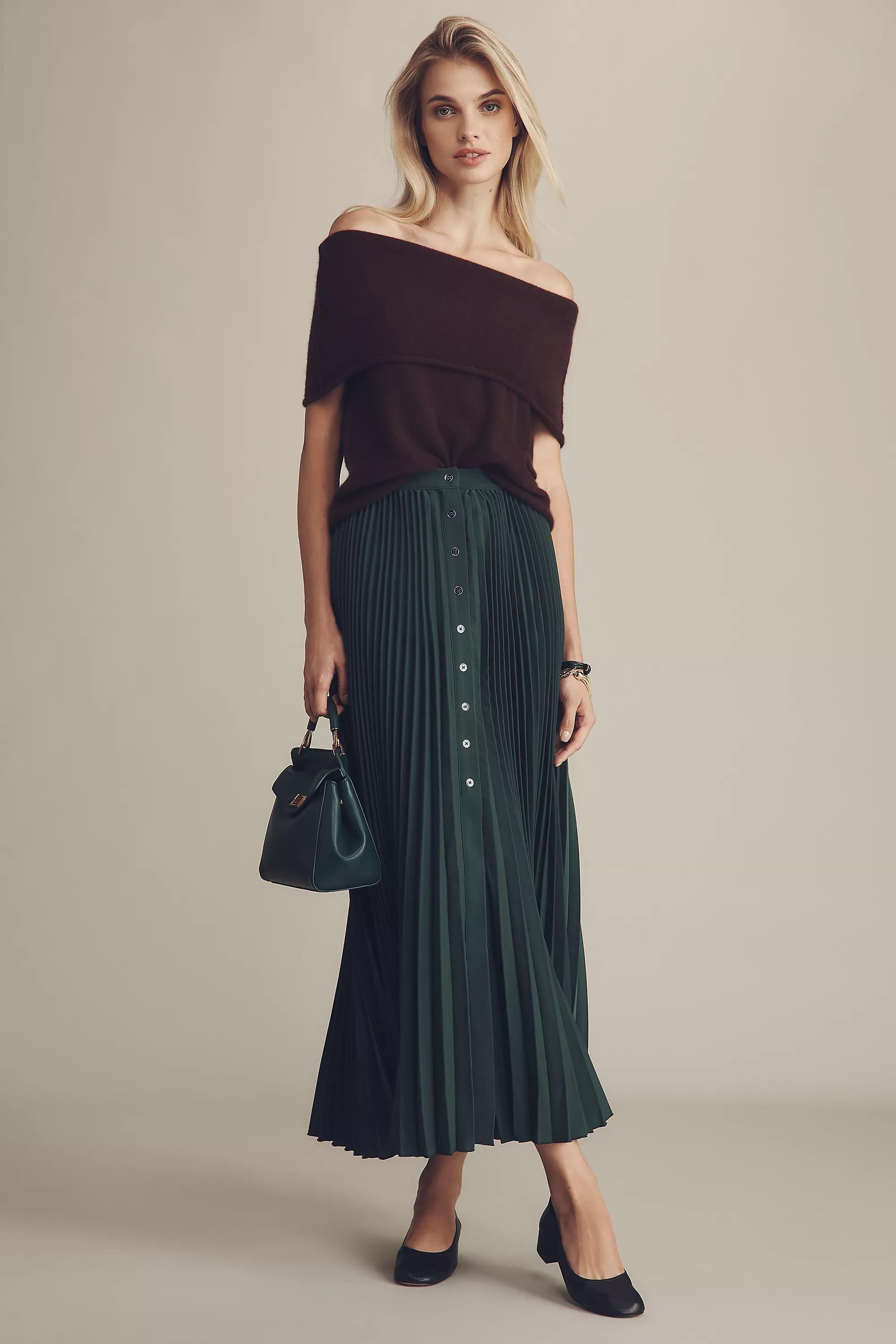 By Maeve Pleated Button Front Maxi Skirt, Green, A501_0031, large image number 0