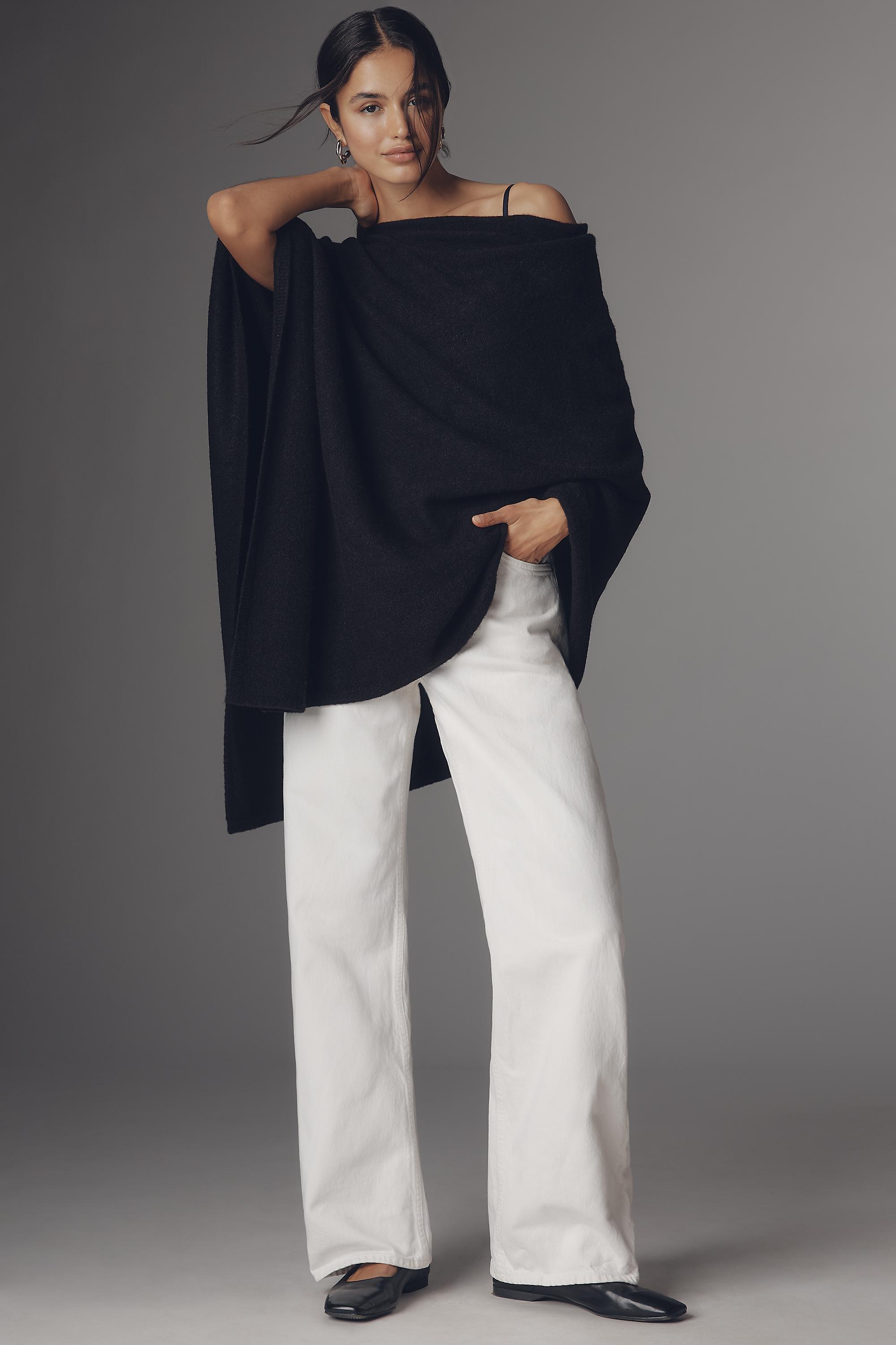 Lightweight Knit Poncho, Black, A501_0001, large image number 3