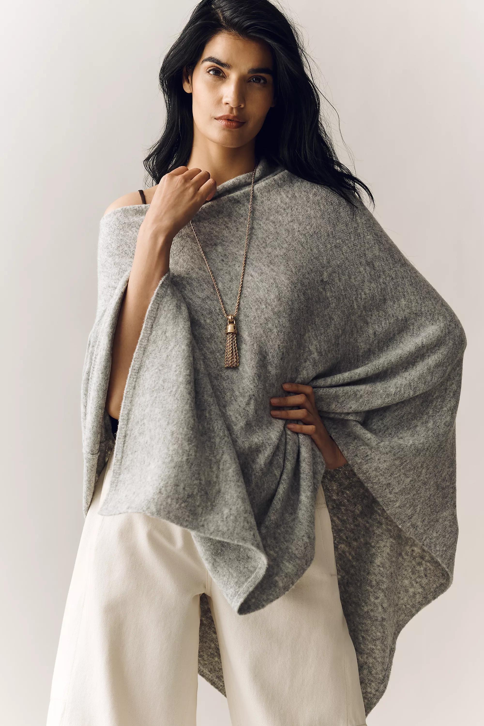Lightweight Knit Poncho, Grey, A501_0004, large image number 0