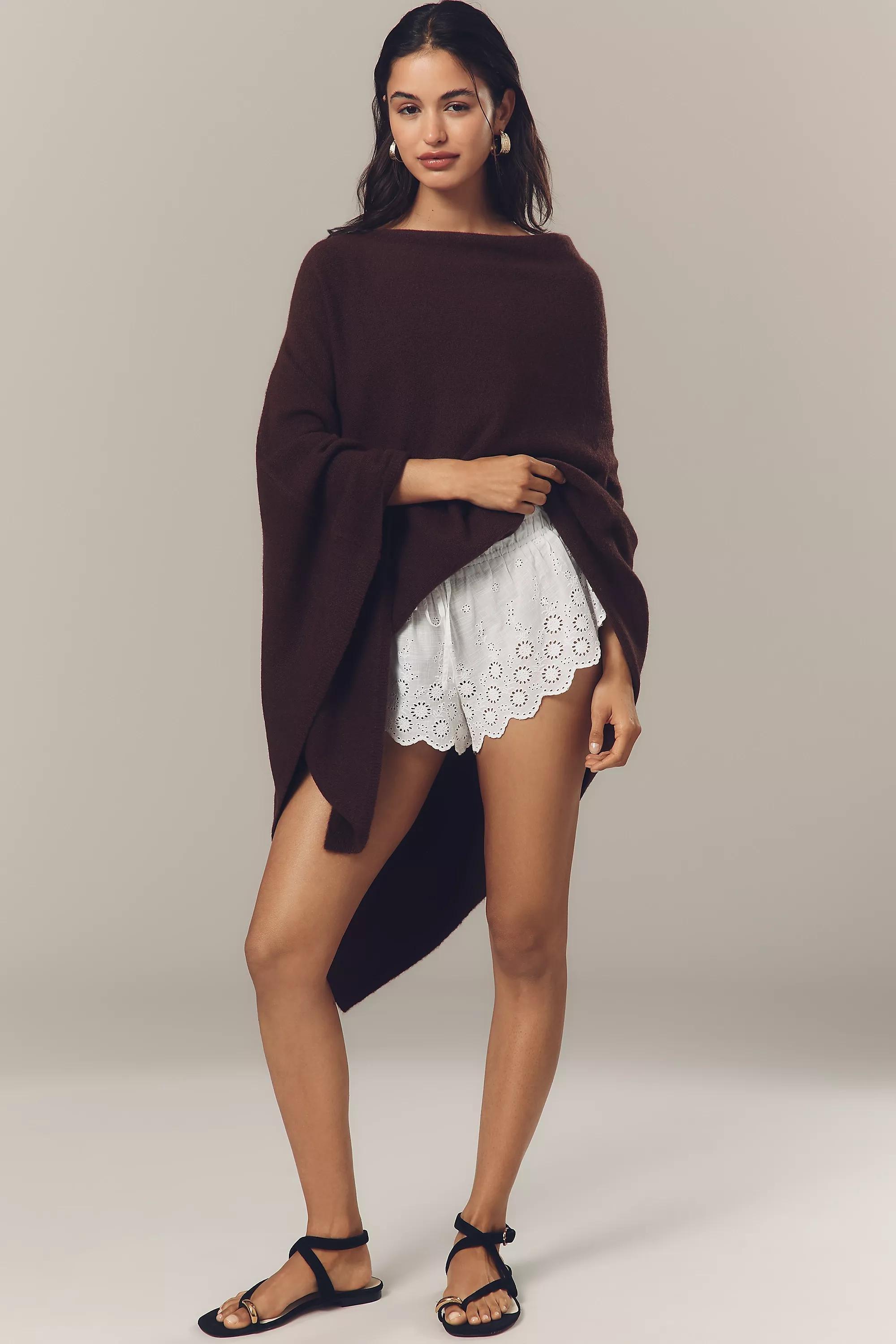 Flat White Lightweight Knit Poncho, Brown, , medium