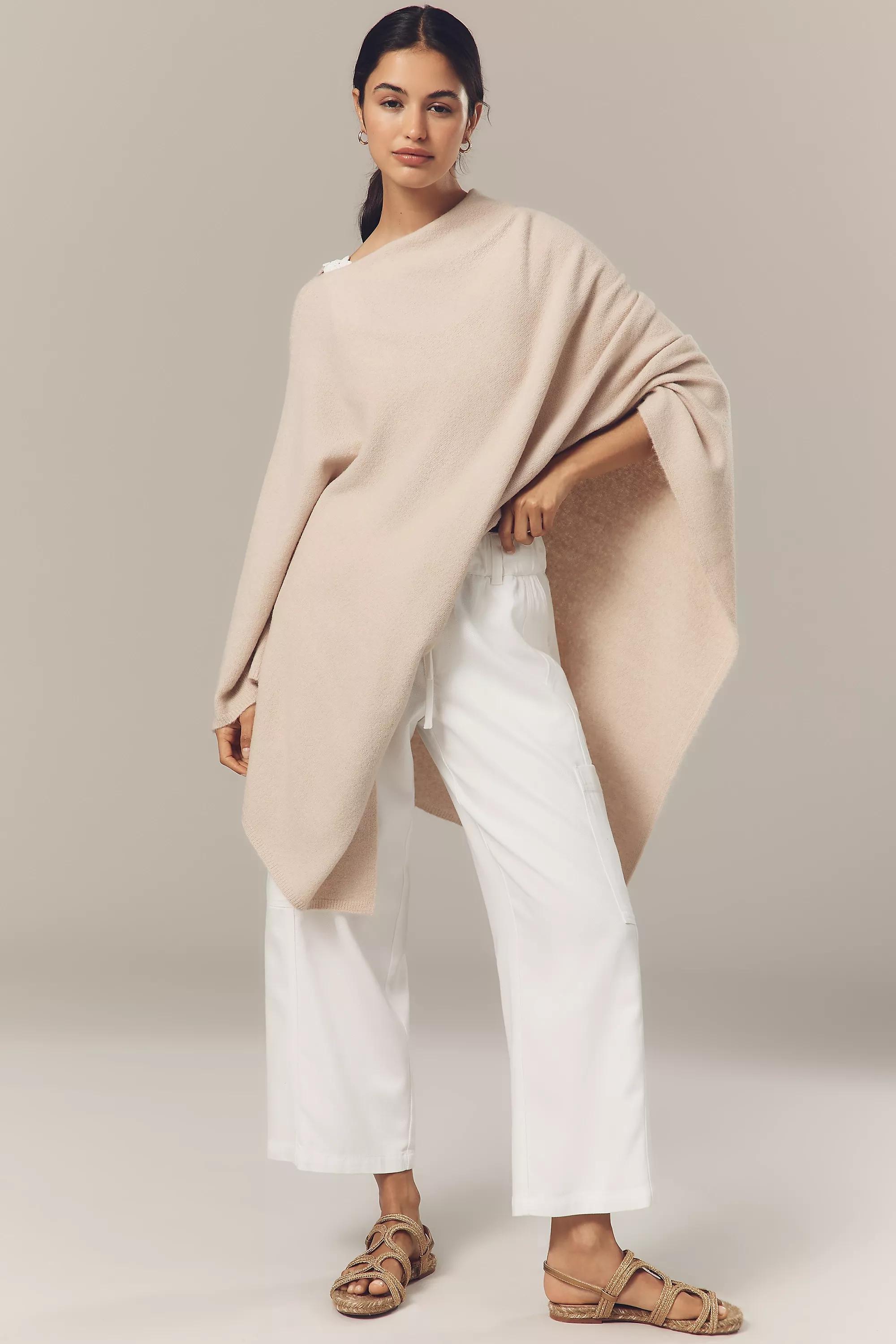 Flat White Lightweight Knit Poncho, Red, , medium