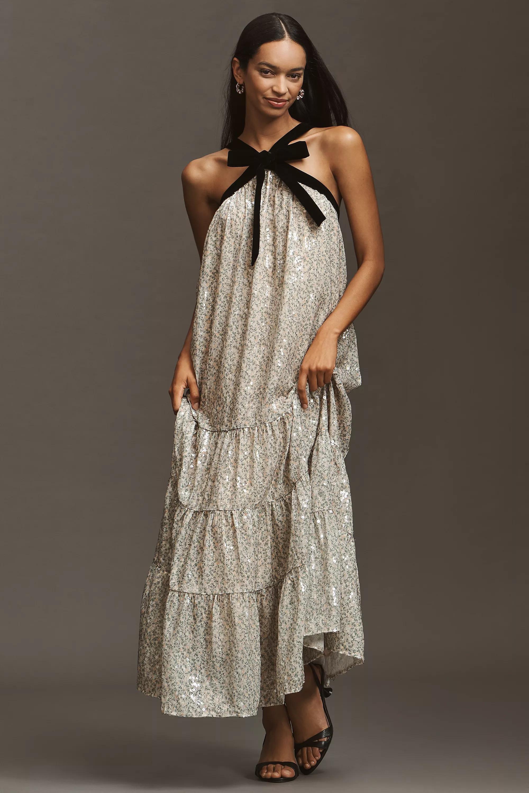 Maude Bobbie Halter Metallic Tiered Maxi Dress, Silver, A501_0007, medium