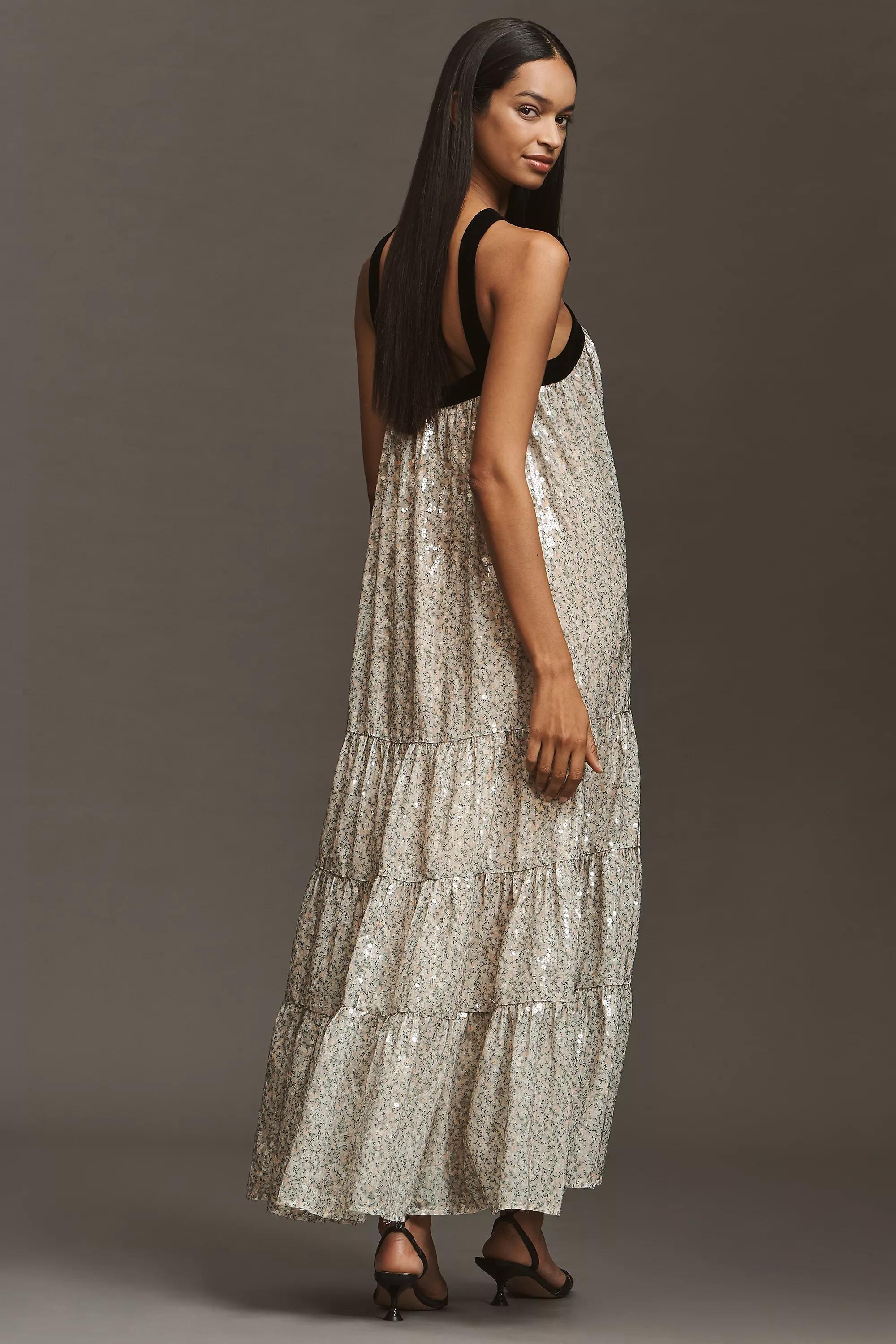 Maude Bobbie Halter Metallic Tiered Maxi Dress, Silver, A501_0007, large image number 2