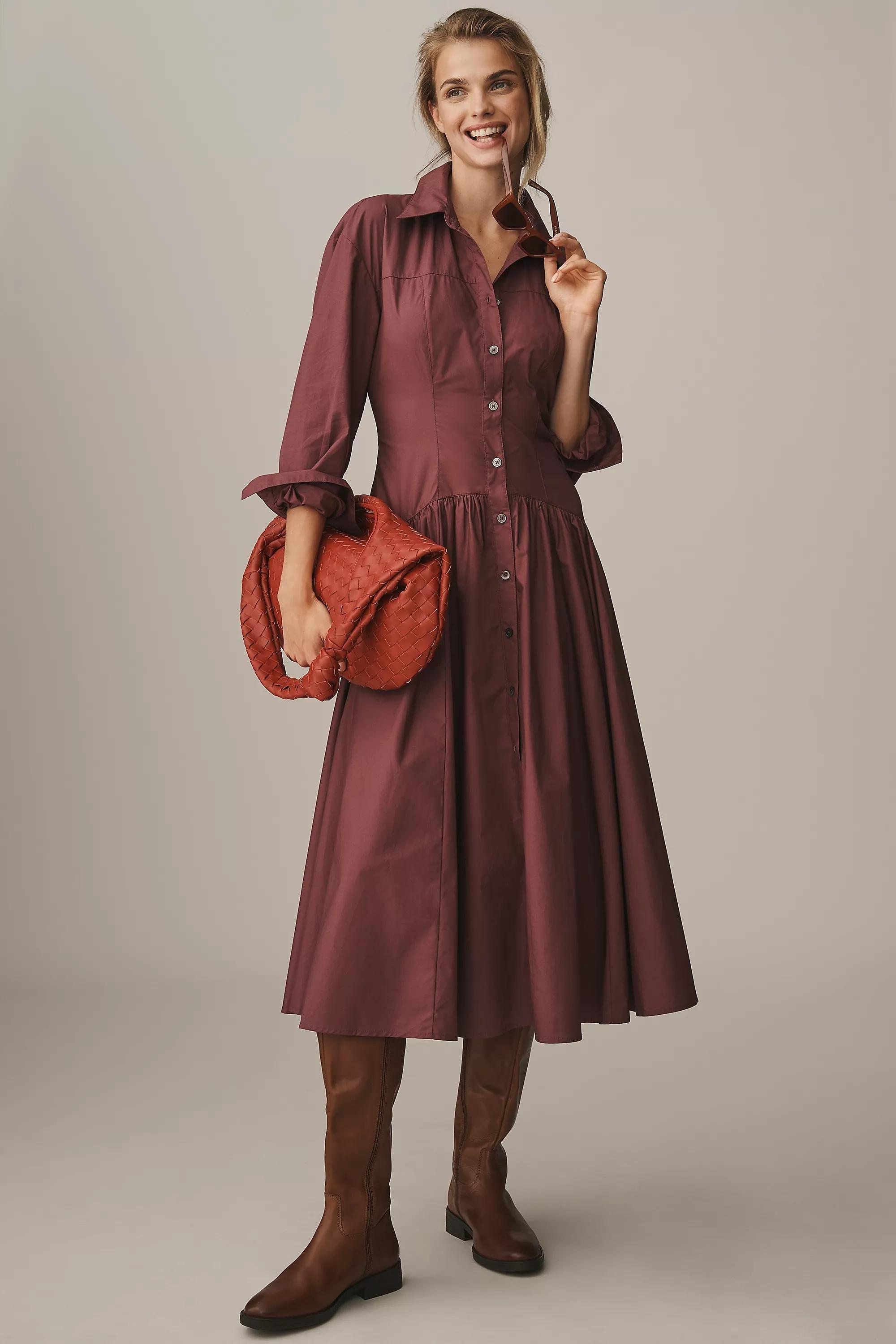 By Anthropologie Drop-Waist Midi Shirt Dress, Burgundy, , large image number 0