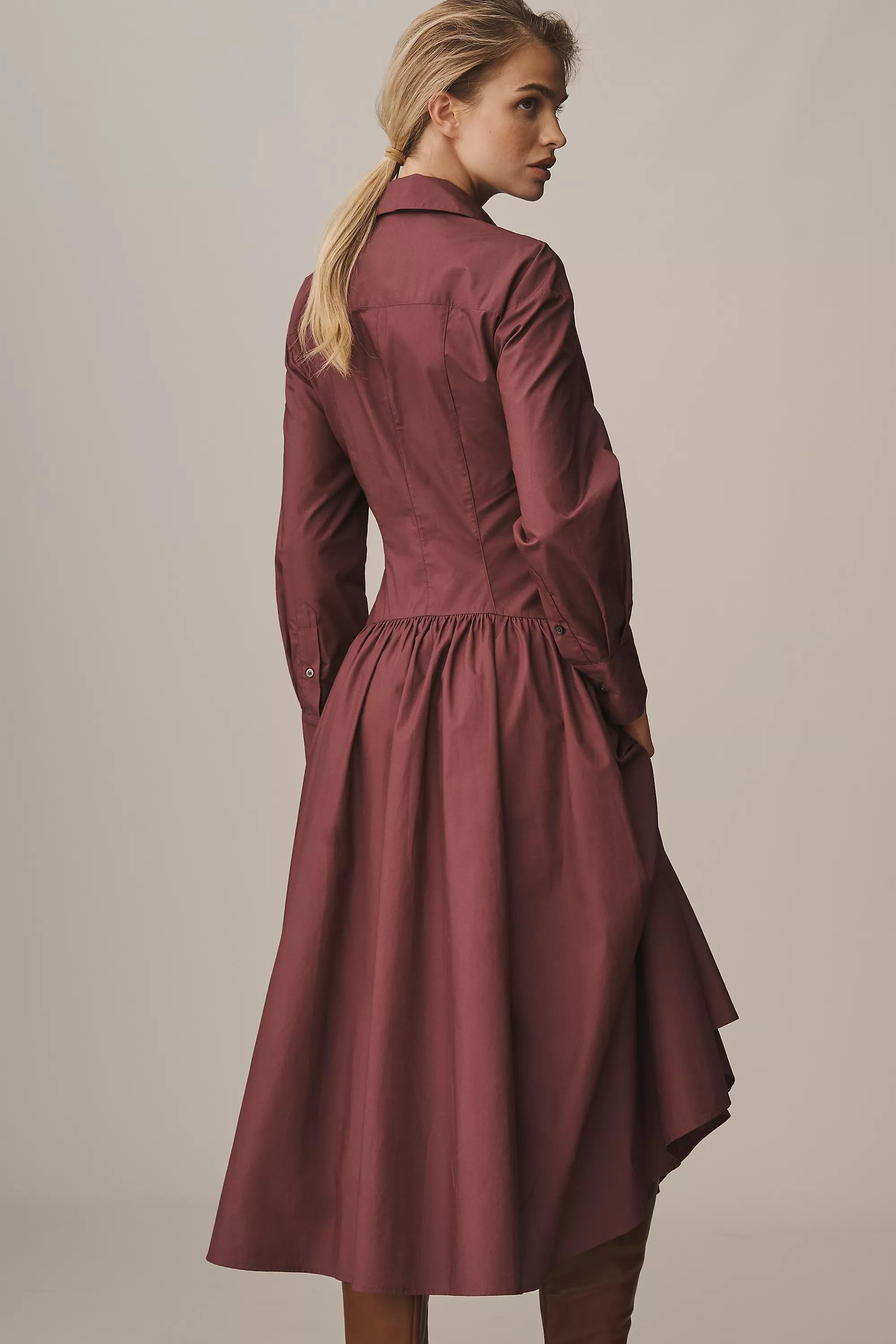 By Anthropologie Drop-Waist Midi Shirt Dress, Burgundy, , large image number 1