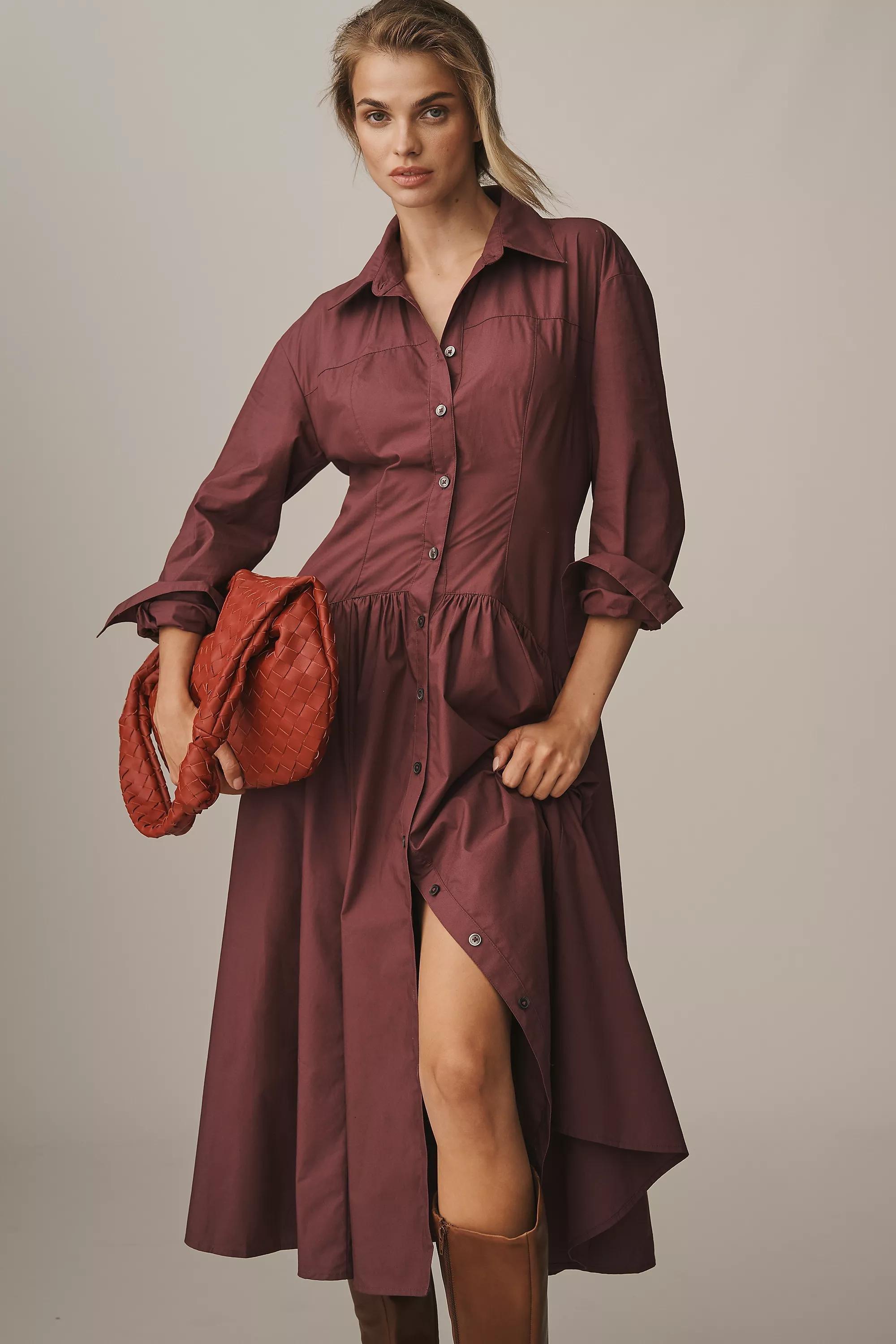 By Anthropologie Drop-Waist Midi Shirt Dress, Burgundy, , large image number 2