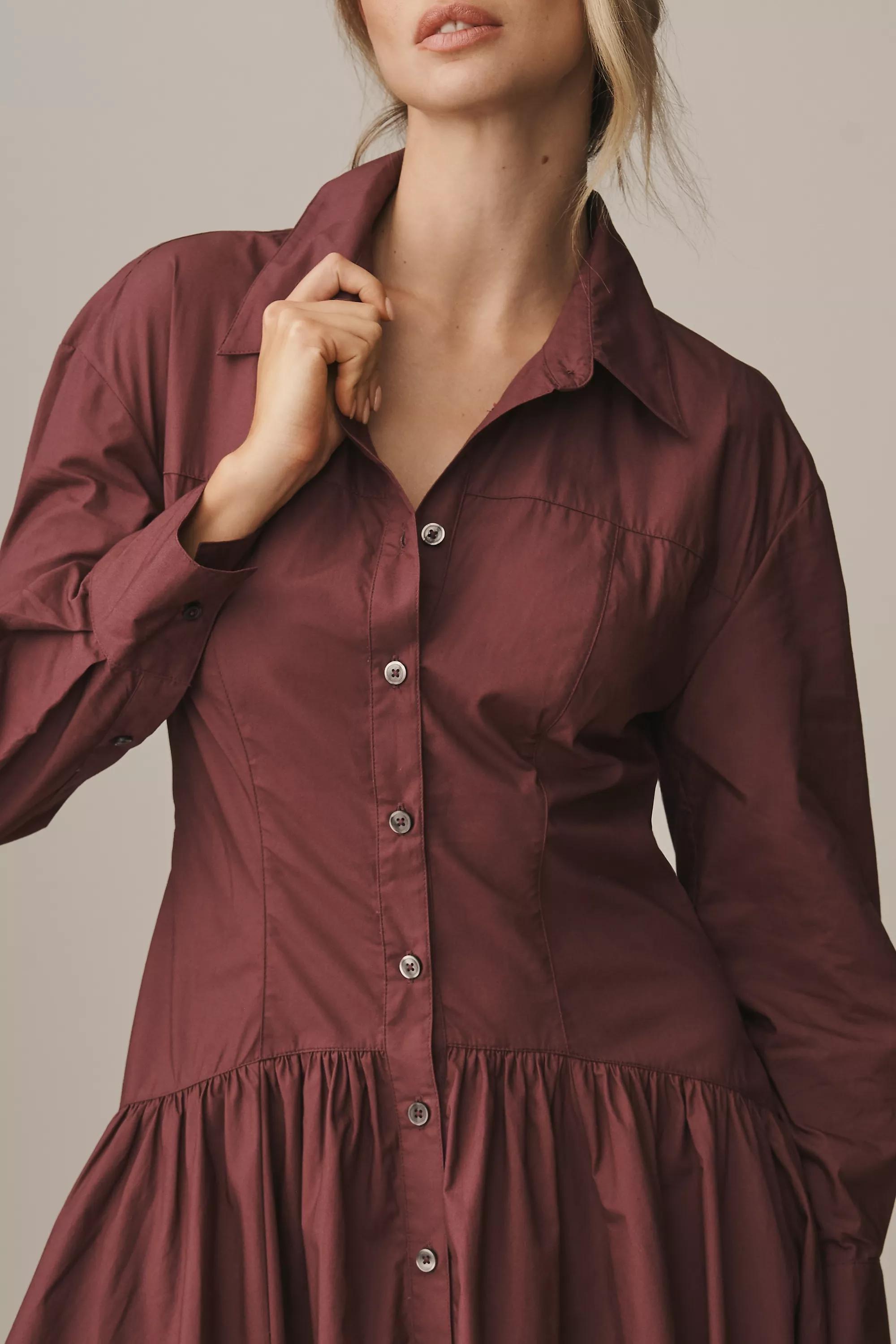 By Anthropologie Drop-Waist Midi Shirt Dress, Burgundy, , large image number 3