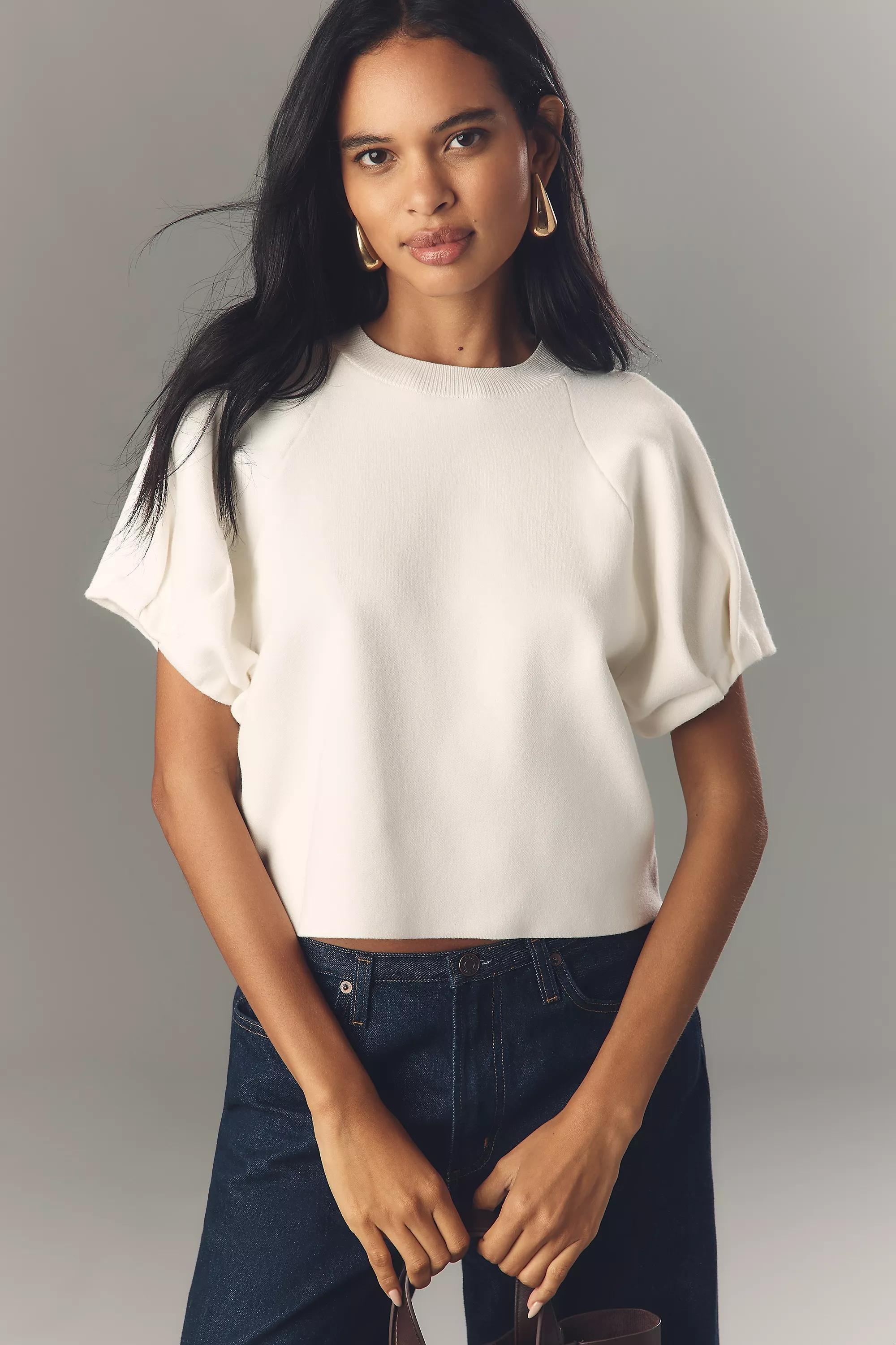 By Anthropologie Crew-Neck Knitted T-Shirt, White, , large image number 0