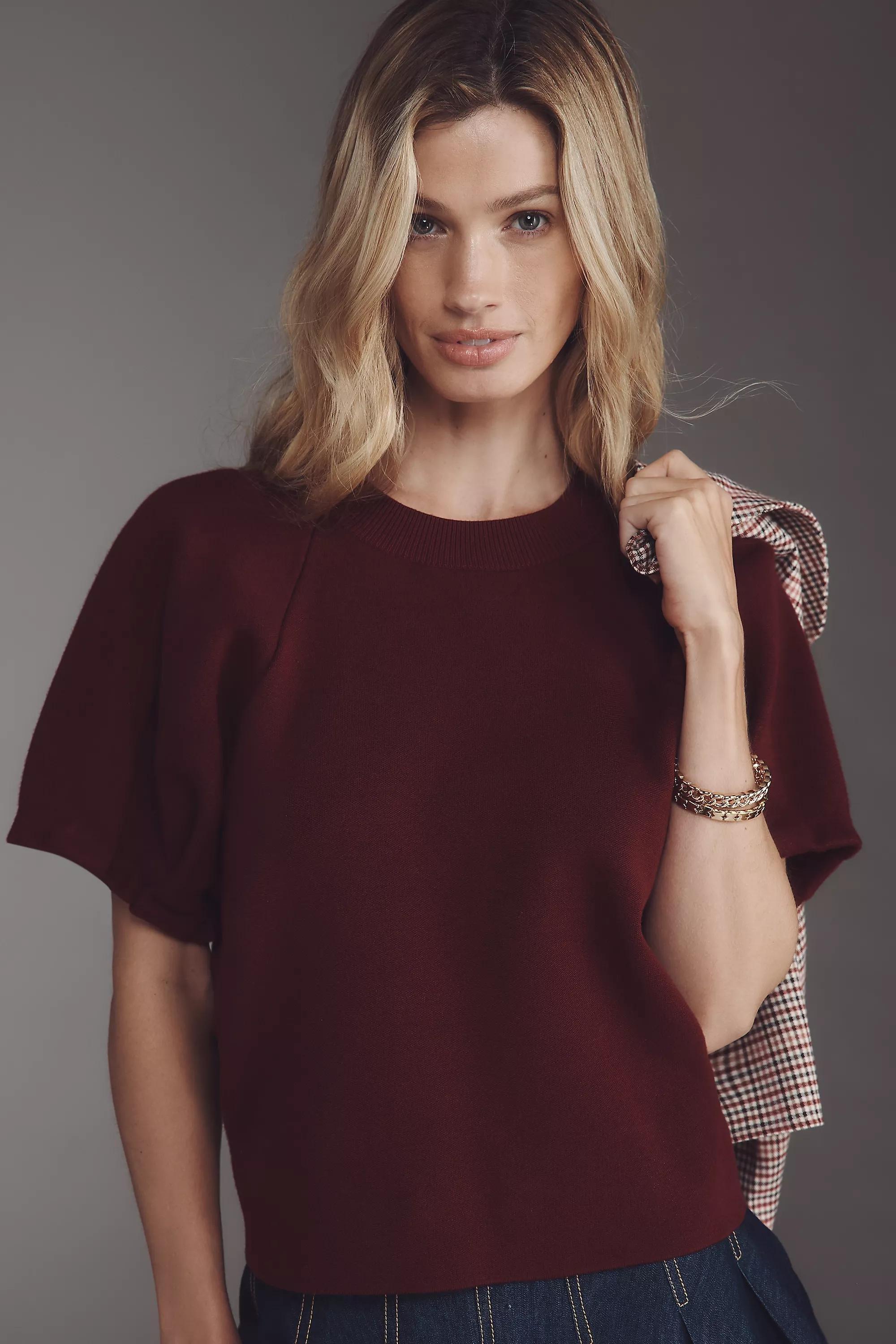 By Anthropologie Crew-Neck Knitted T-Shirt, Burgundy, , large image number 0