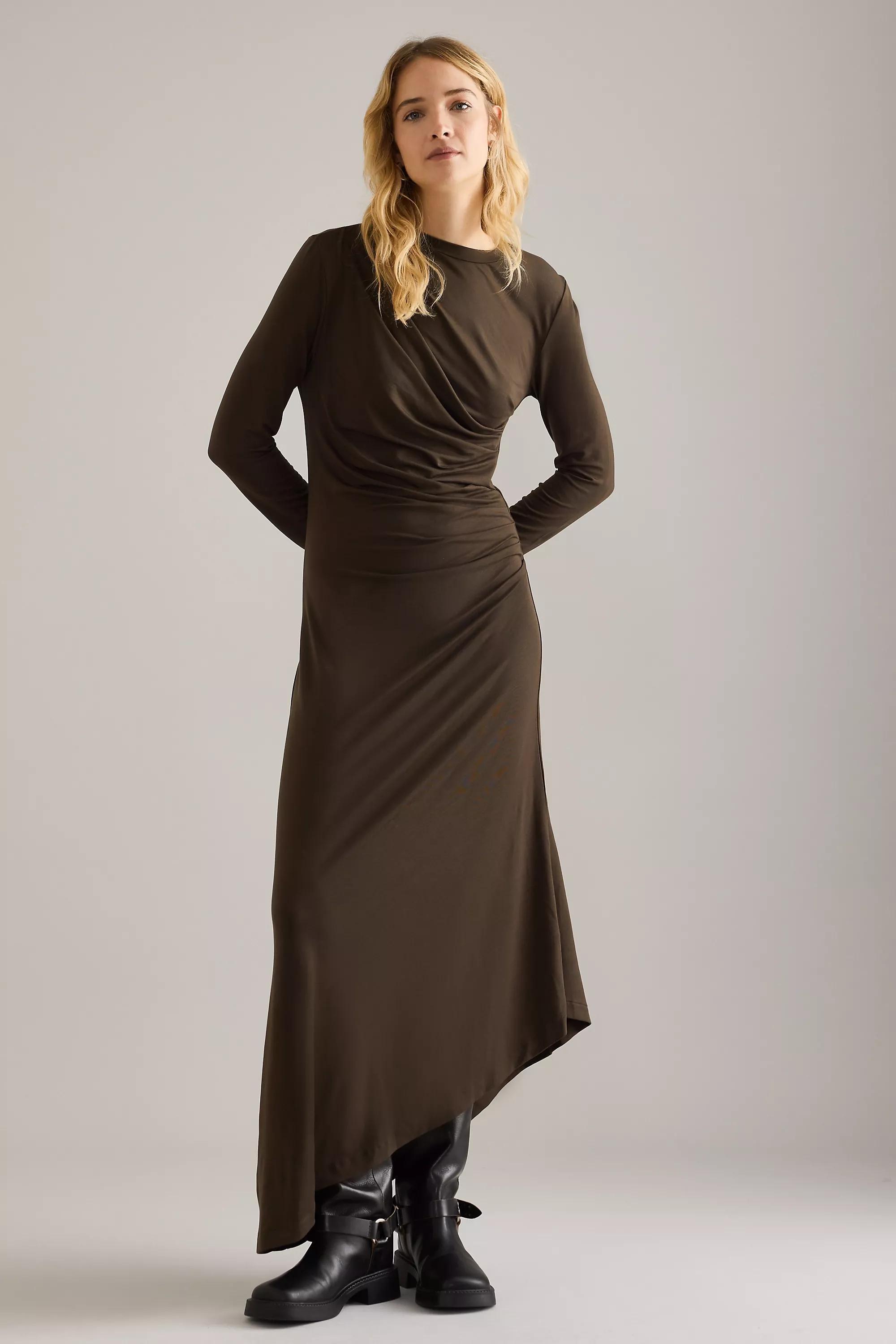 Selected Ilina Draped Asymmetric Maxi Dress, Brown, Brown, large image number 0