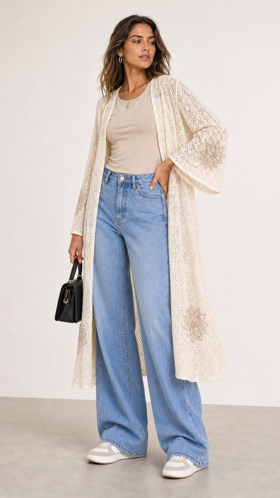 CREAM Fe Lace Trim Crochet Kimo, Women, Cream, medium