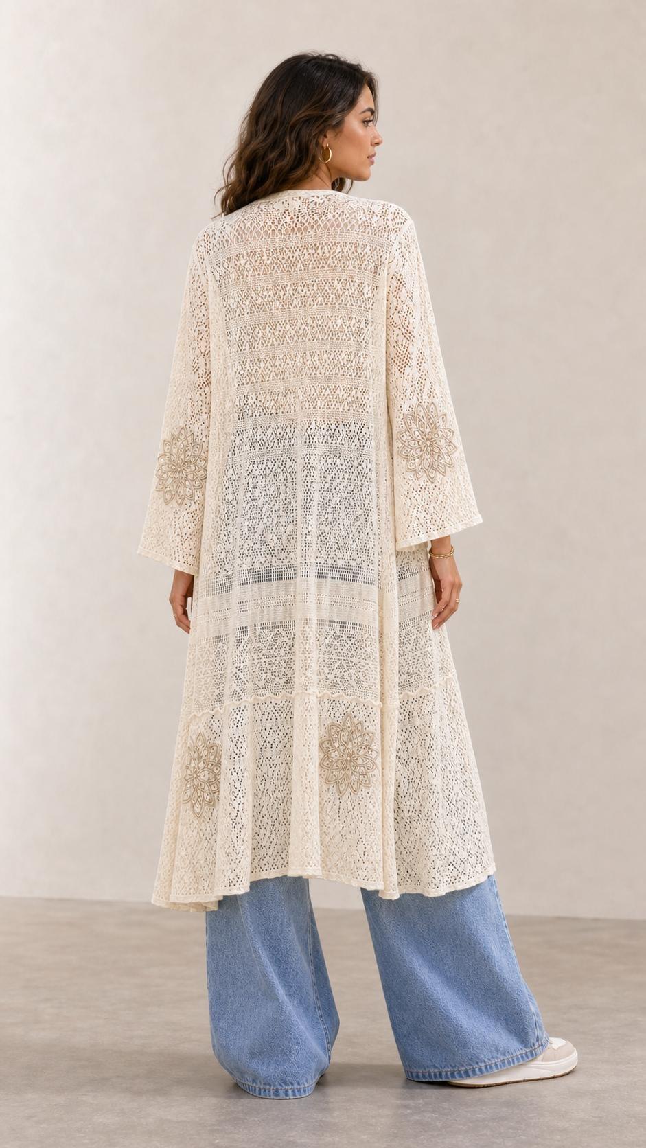 CREAM Fe Lace Trim Crochet Kimo, Women, Cream, large image number 3