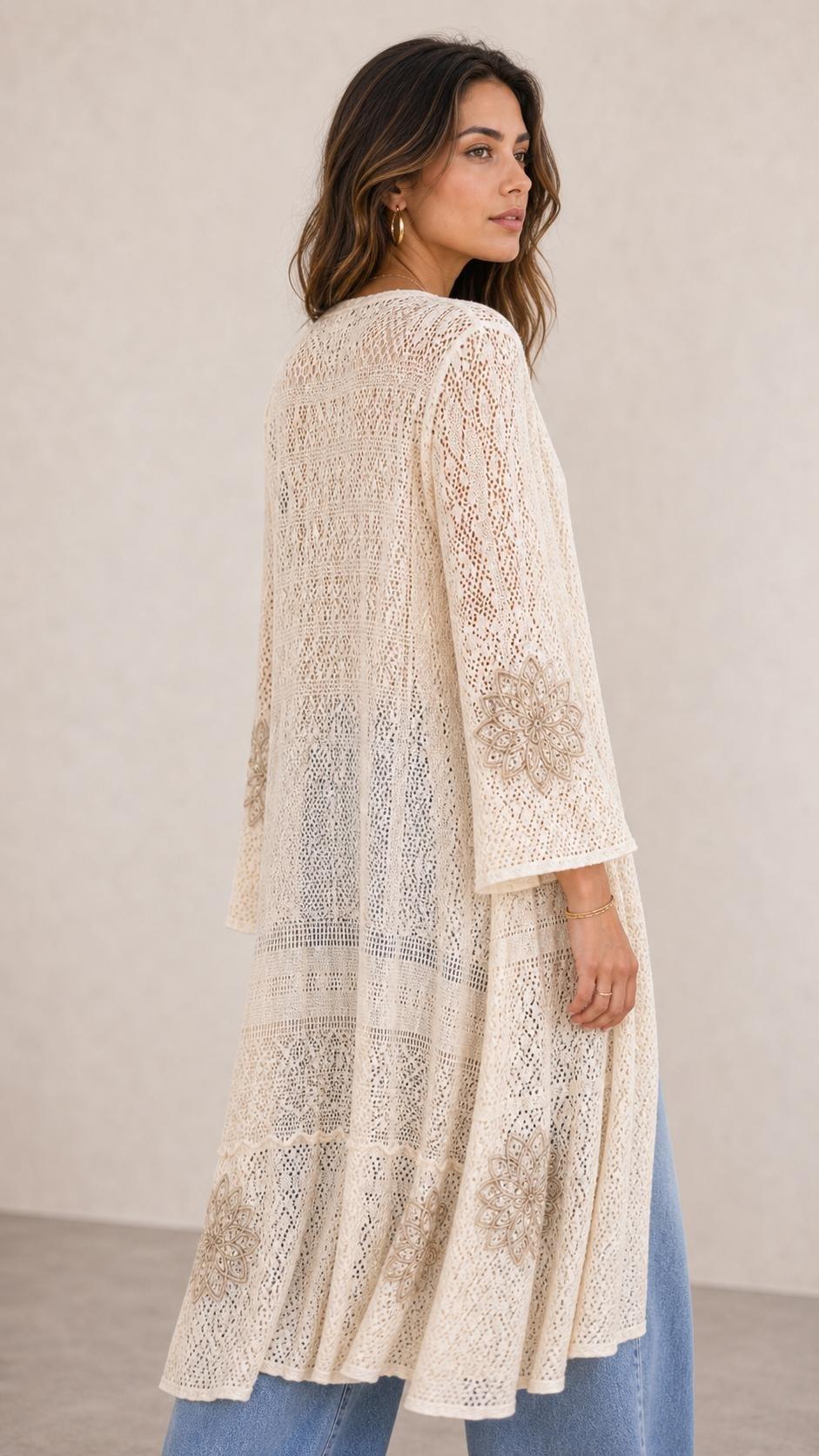 CREAM Fe Lace Trim Crochet Kimo, Women, Cream, large image number 5