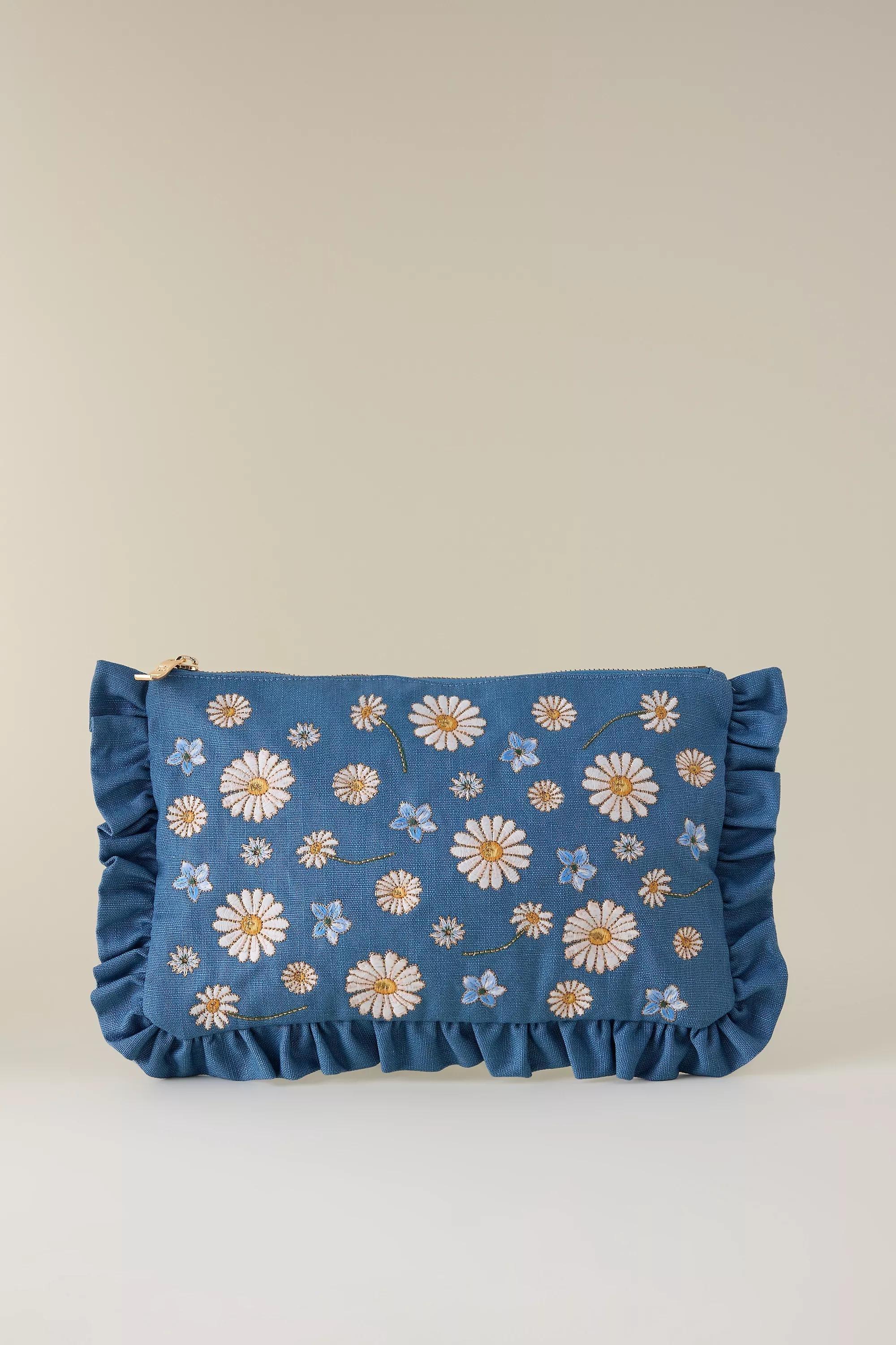 Elizabeth Scarlett Daisy Embroidered Frill Pouch, Blue, A501_0049, large image number 0