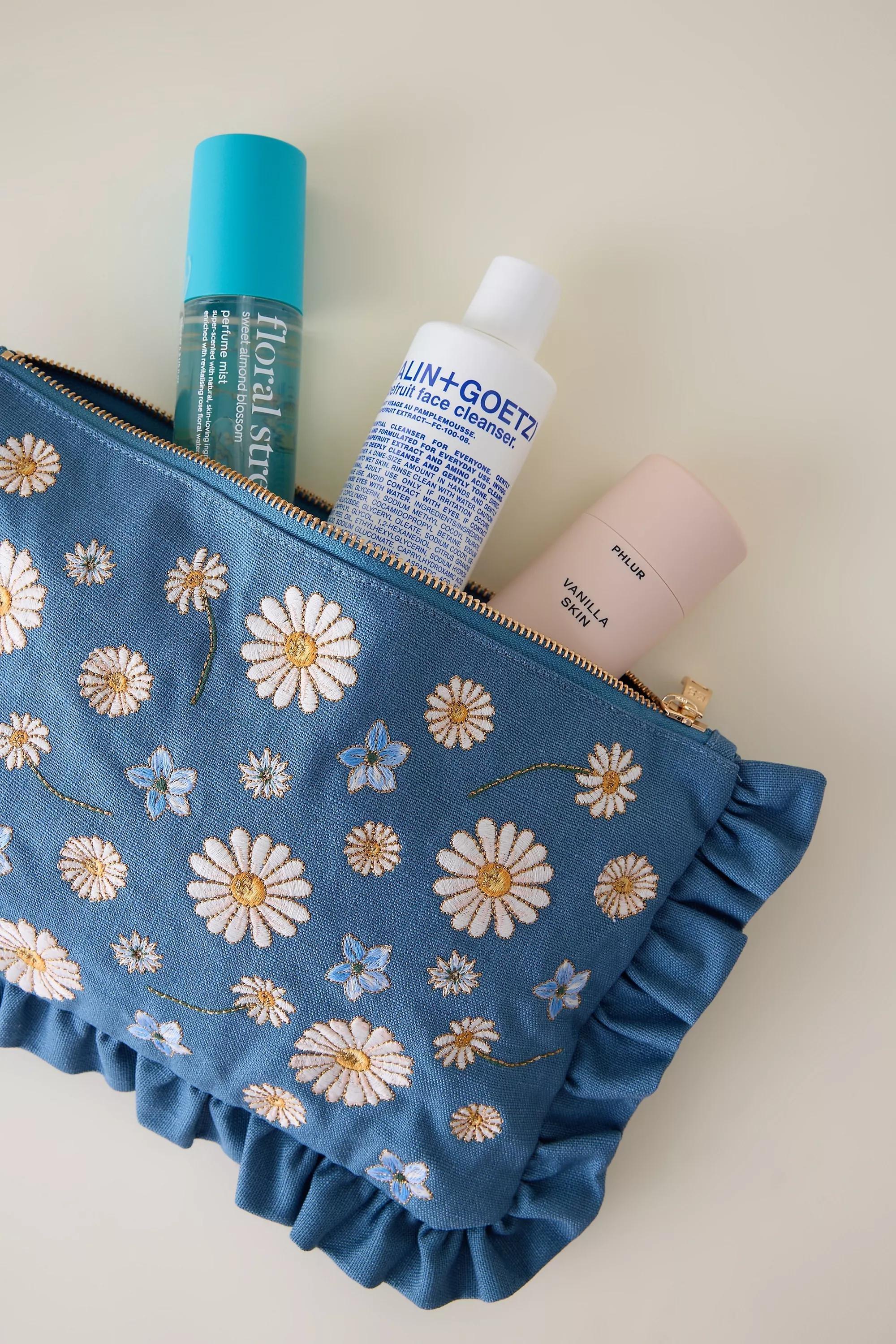 BLUE PATTERN Elizabeth Scarlett Daisy Embroidered Frill Pouch, A501_0049, medium