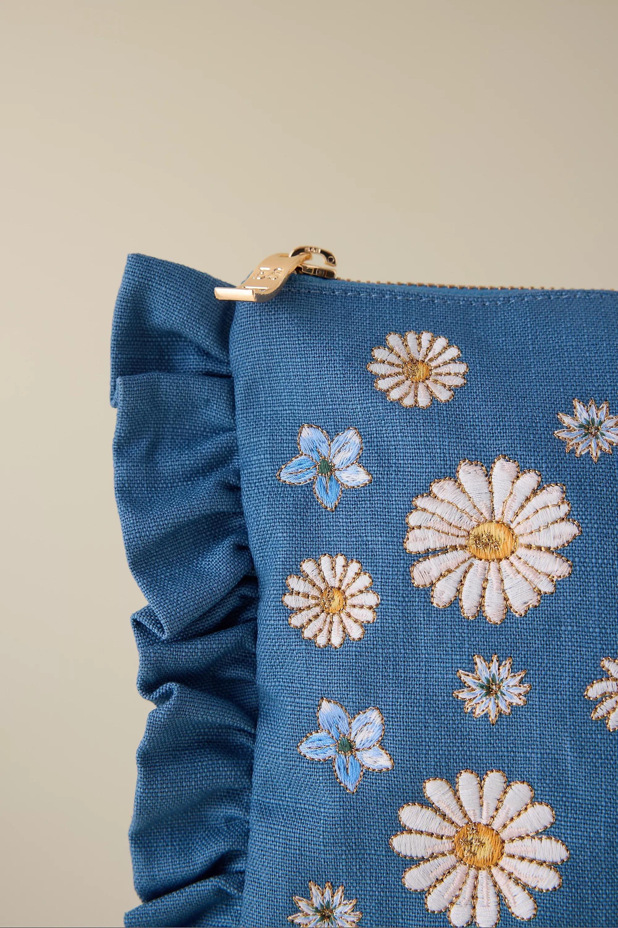 BLUE PATTERN Elizabeth Scarlett Daisy Embroidered Frill Pouch, A501_0049, medium