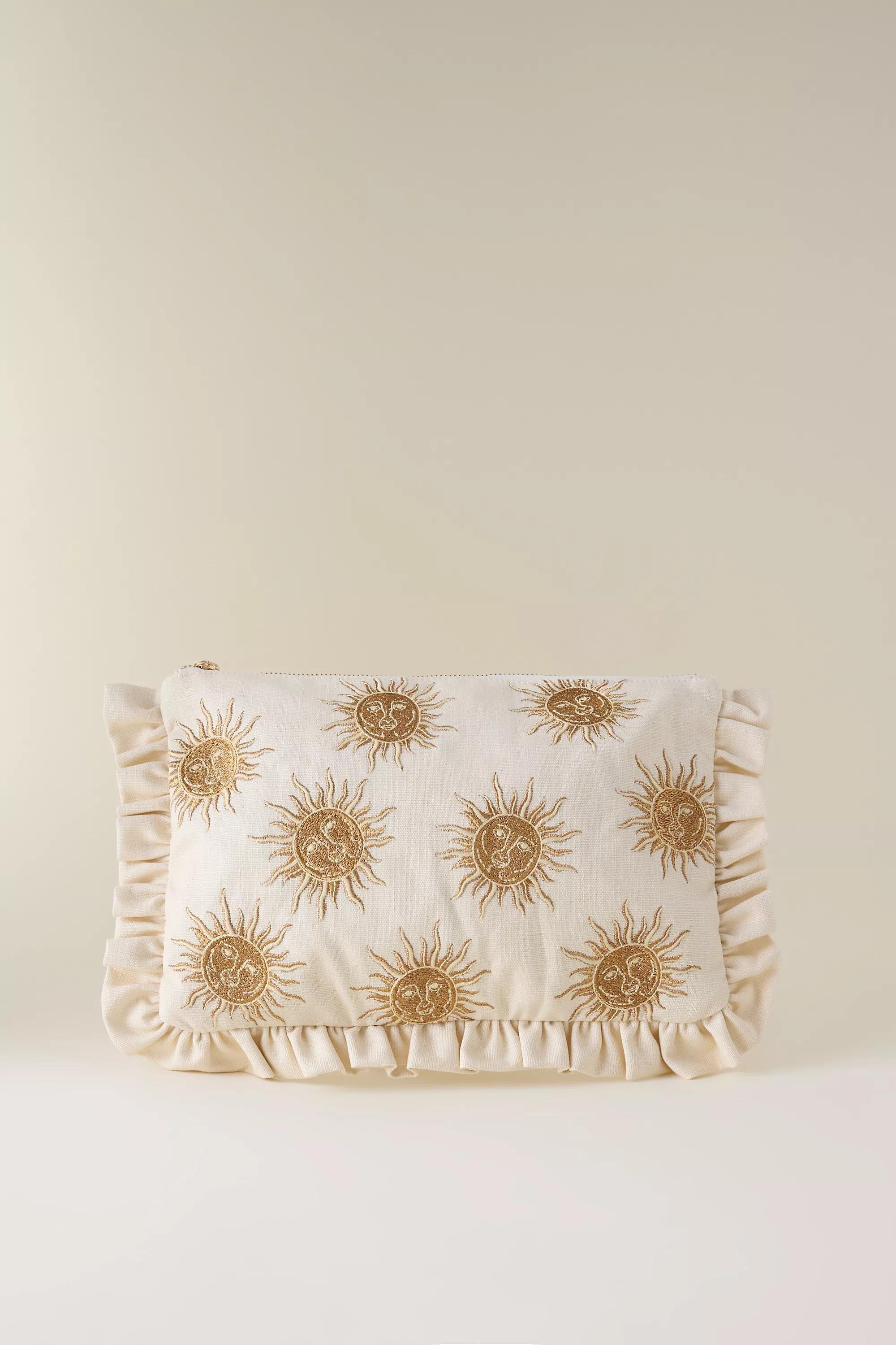 Elizabeth Scarlett Sun Goddess Embroidered Frill Pouch, Brown, A501_0025, large image number 0