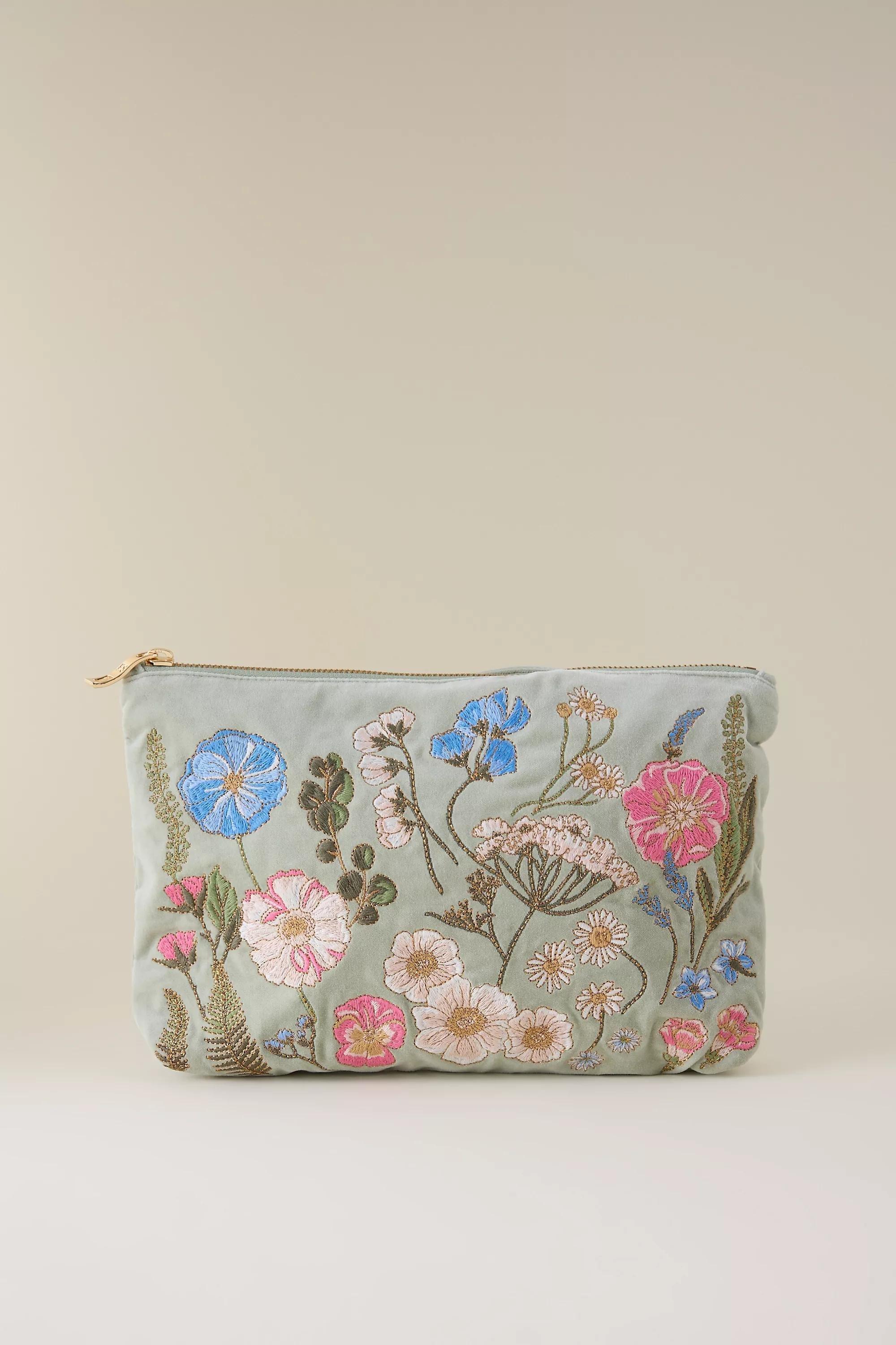 Elizabeth Scarlett Pressed Flowers Embroidered Velvet Pouch, Multicolour, A501_0000, large image number 0