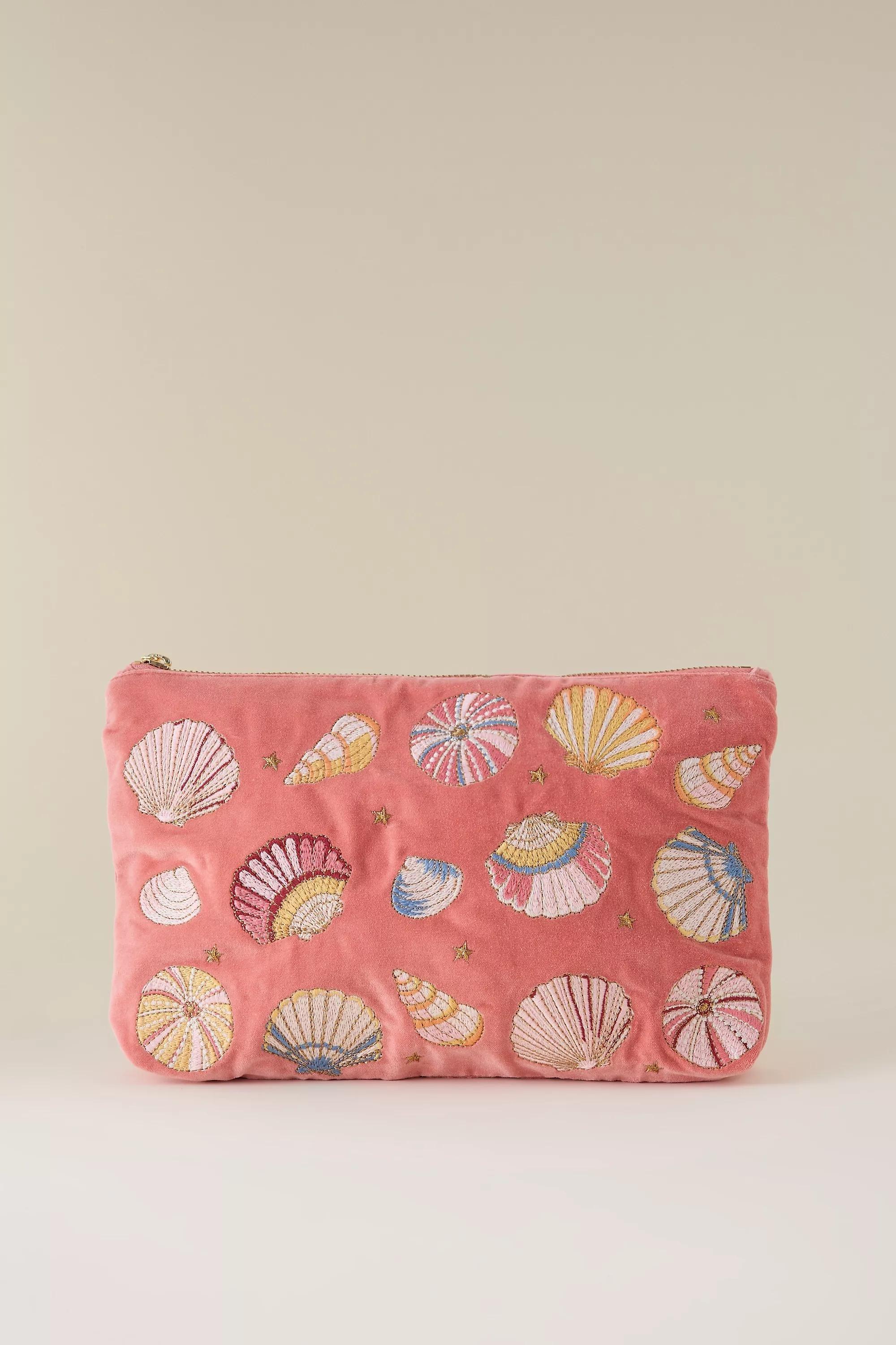Elizabeth Scarlett Shell Embroidered Velvet Pouch, Red, A501_0085, large image number 0
