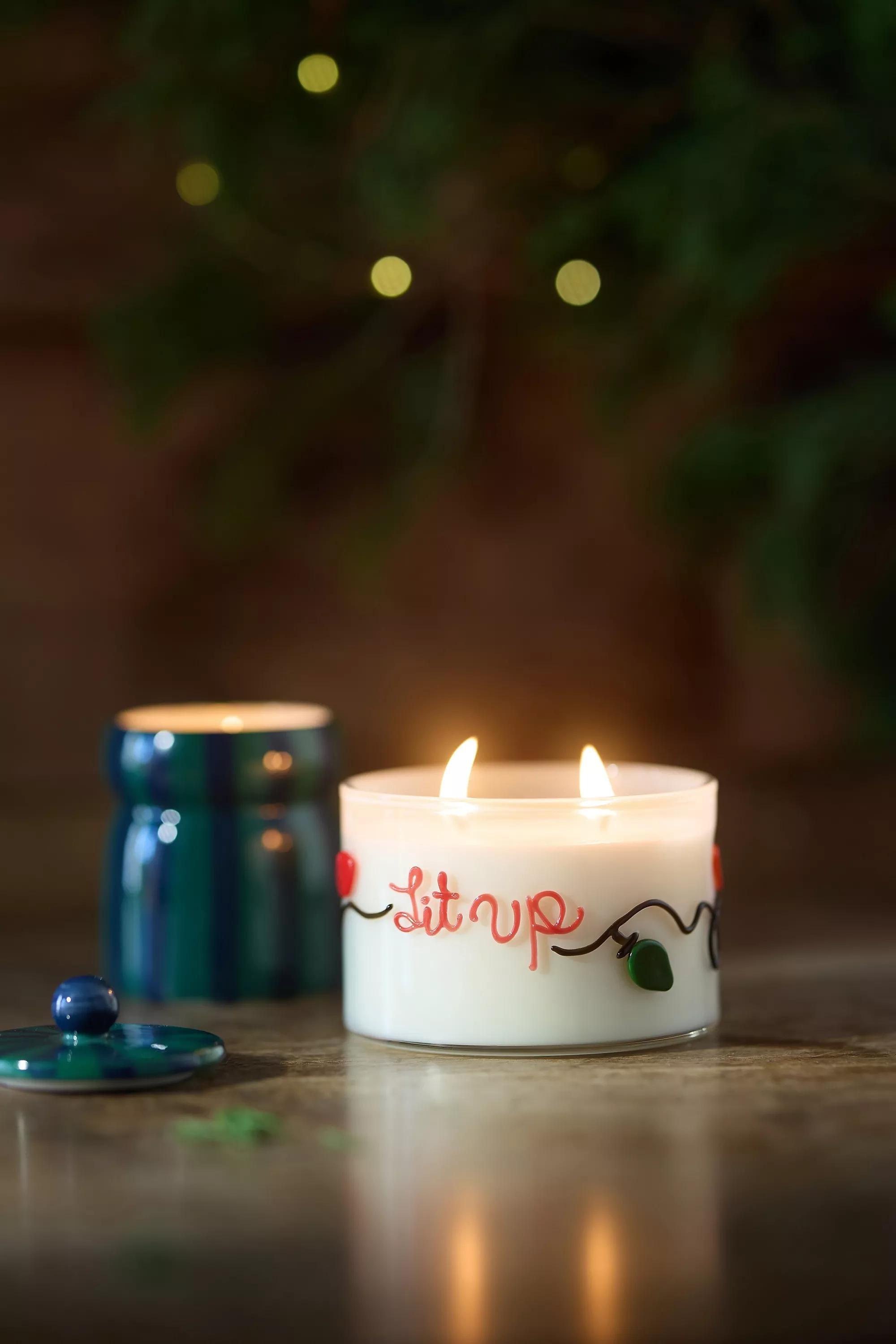 Multicolour Festive Notes Lit Up Woody Fresh Balsam And Cedarwood Glass Candle, A501_0000, large image number 0