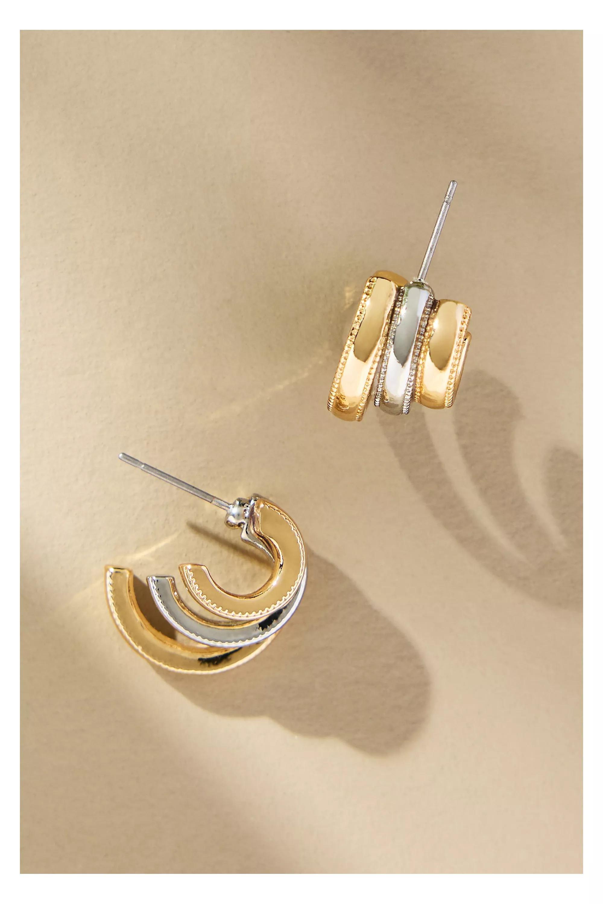 Mixed Metal Triple Huggie Earrings, Gold, A501_0122, large image number 1