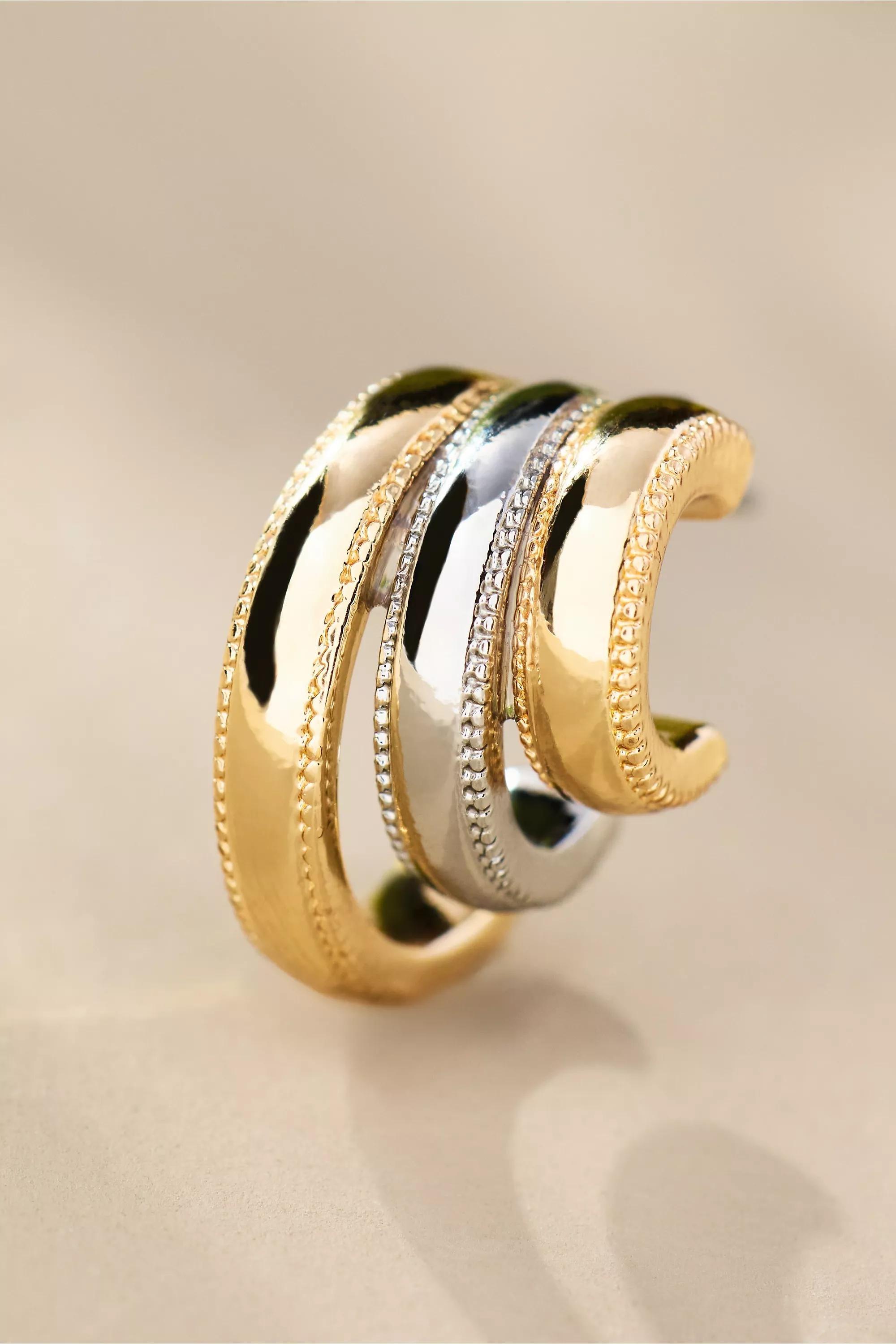 Mixed Metal Triple Huggie Earrings, Gold, A501_0122, large image number 2