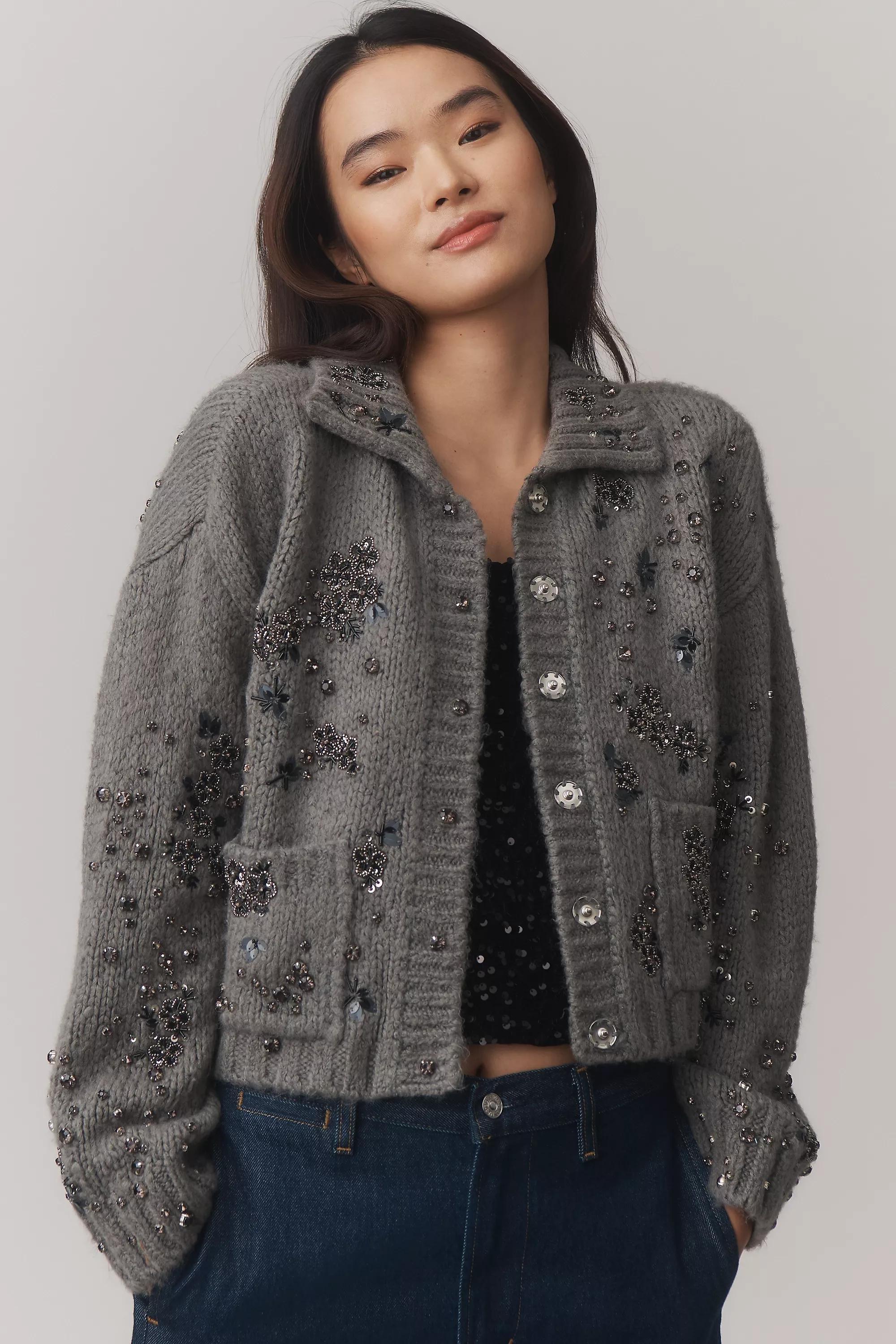 By Pilcro Embellished Floral Collared Cardigan, Grey, A501_0004, large image number 0