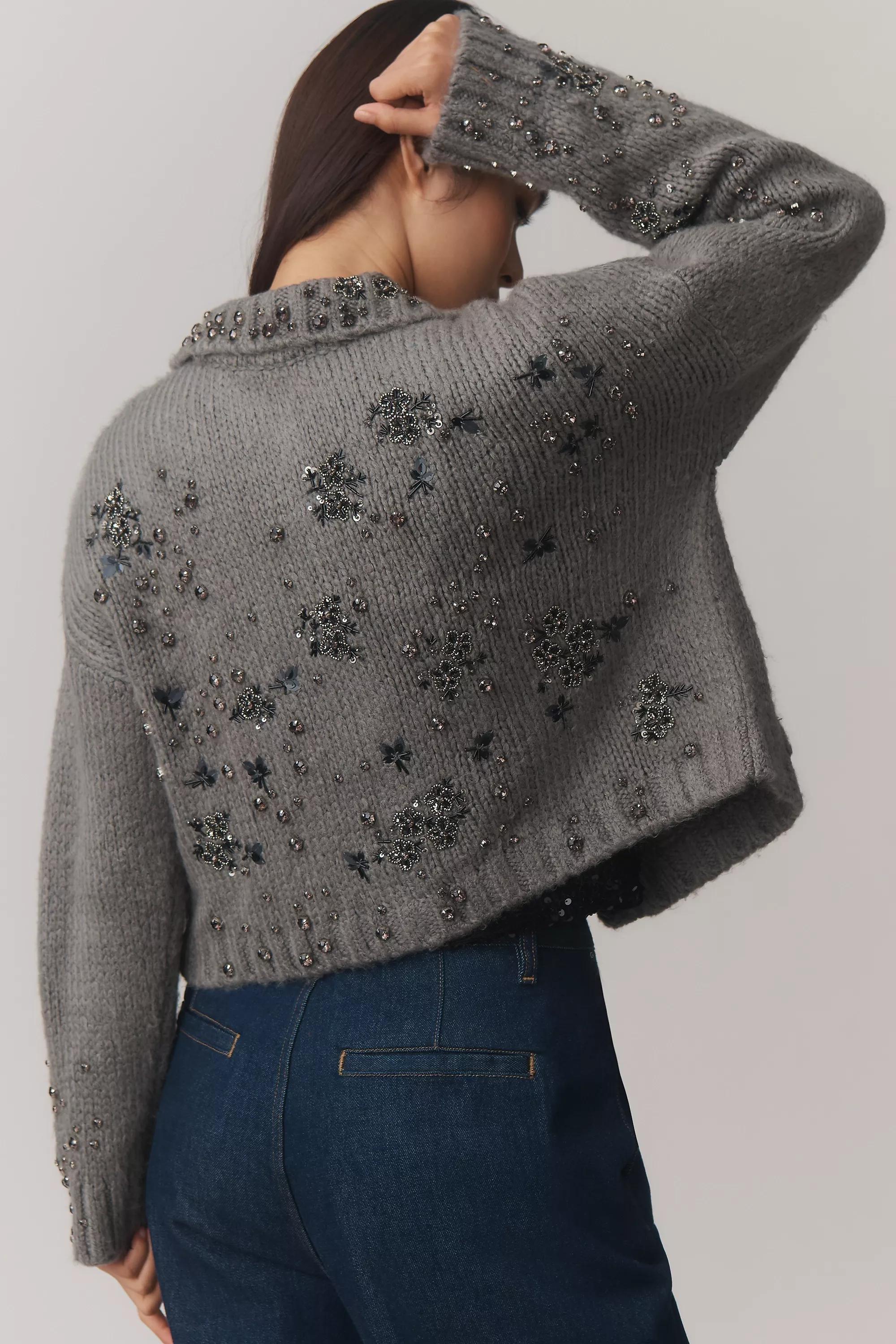 By Pilcro Embellished Floral Collared Cardigan, Grey, A501_0004, large image number 1