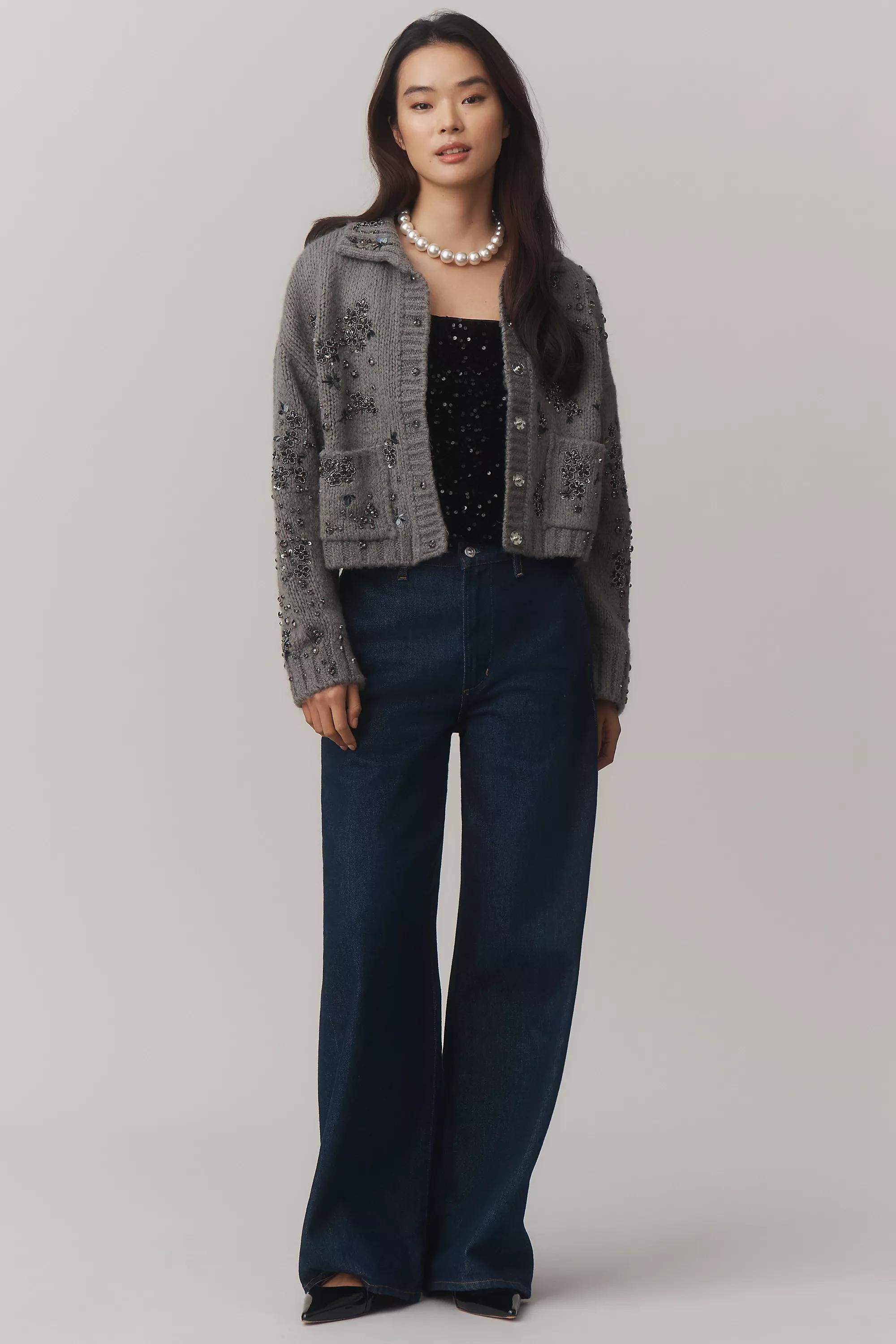 By Pilcro Embellished Floral Collared Cardigan, Grey, A501_0004, large image number 2