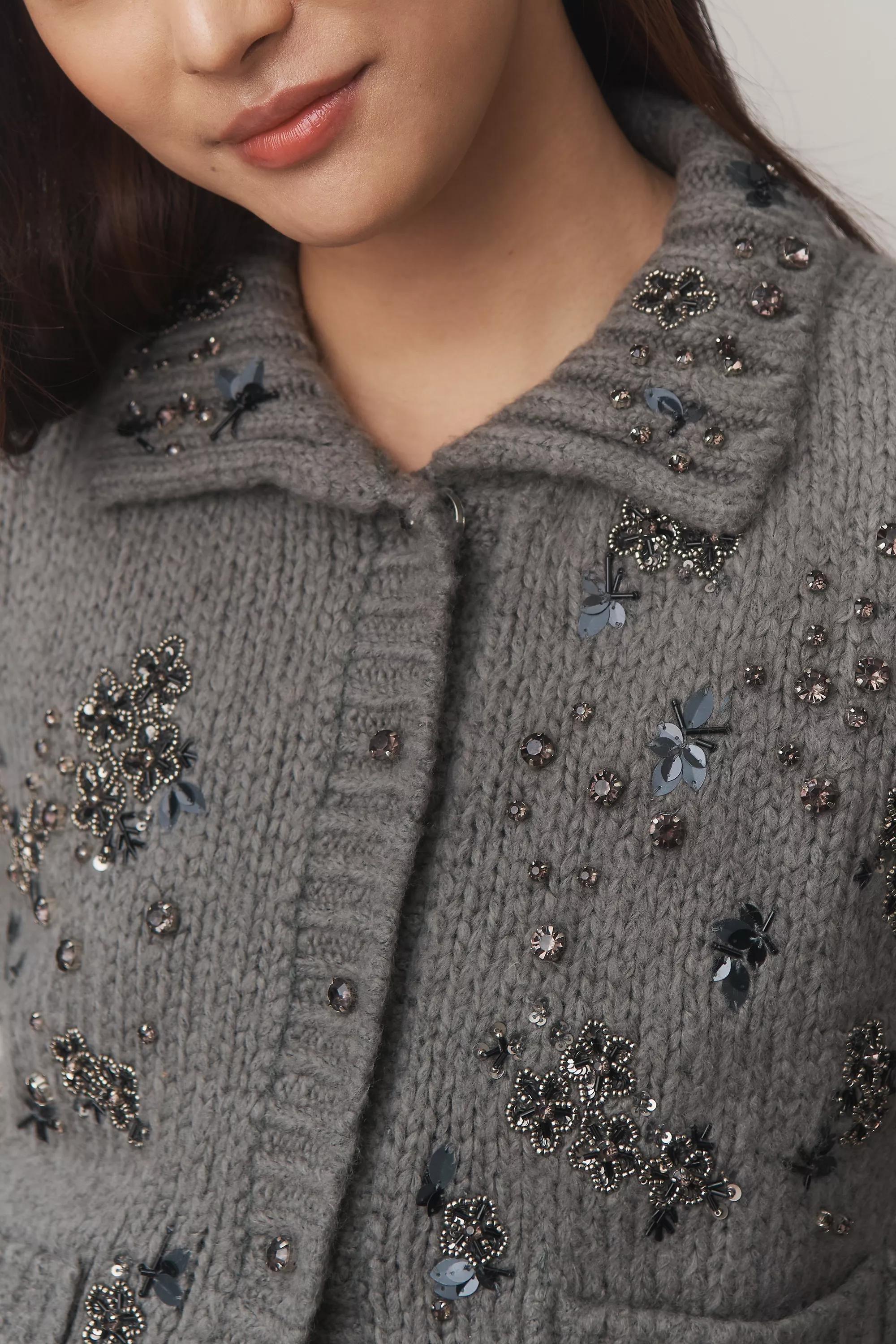 By Pilcro Embellished Floral Collared Cardigan, Grey, A501_0004, large image number 3