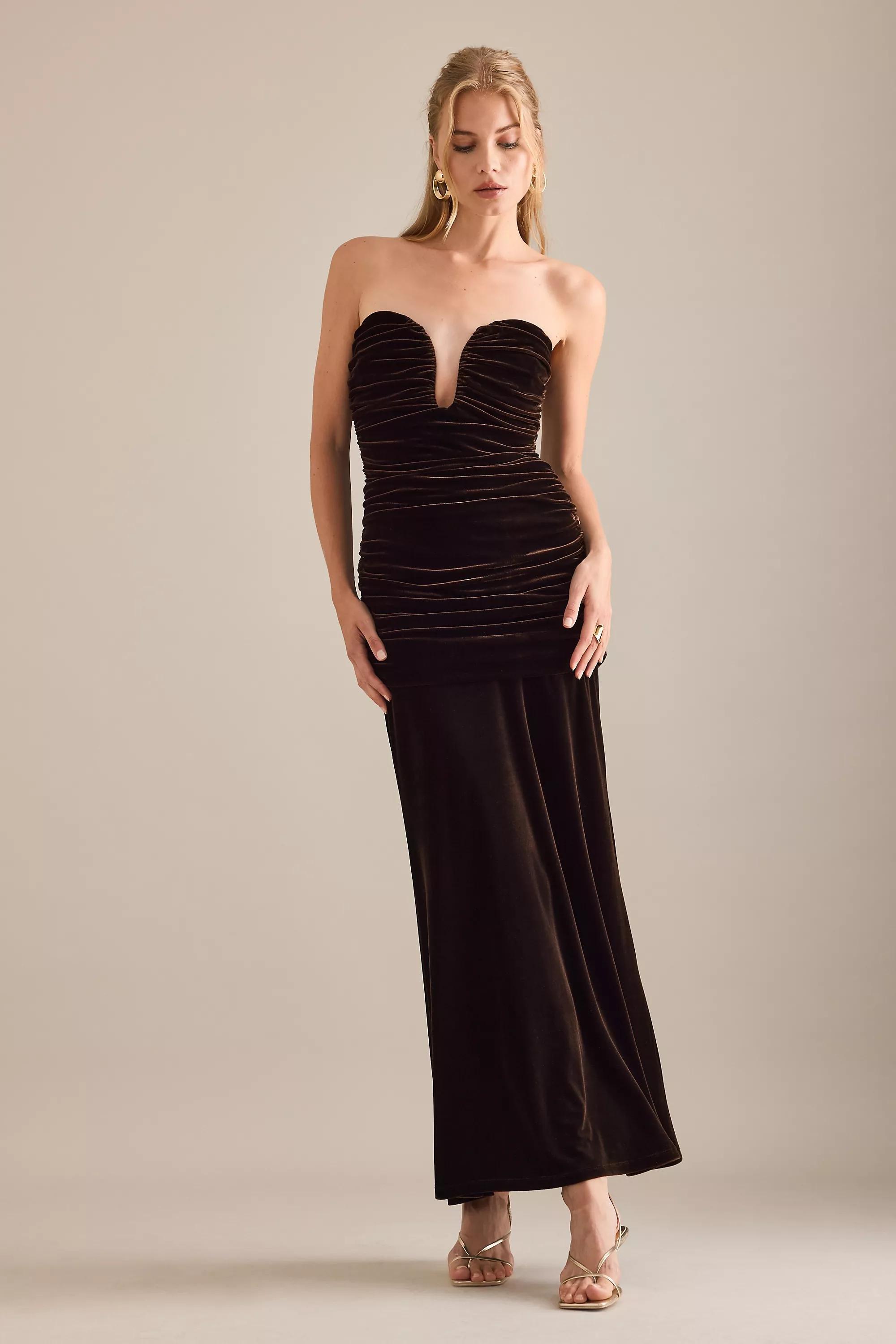 Bardot Elvira Plunge Velvet Maxi Dress, Brown, A501_0020, medium