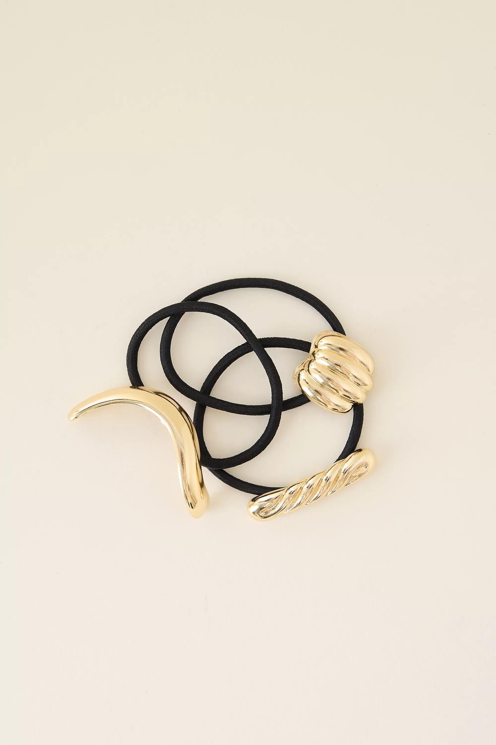 Textured Metal Pony Cuff Hair Ties, Set Of 3, Gold, Gold, large image number 0