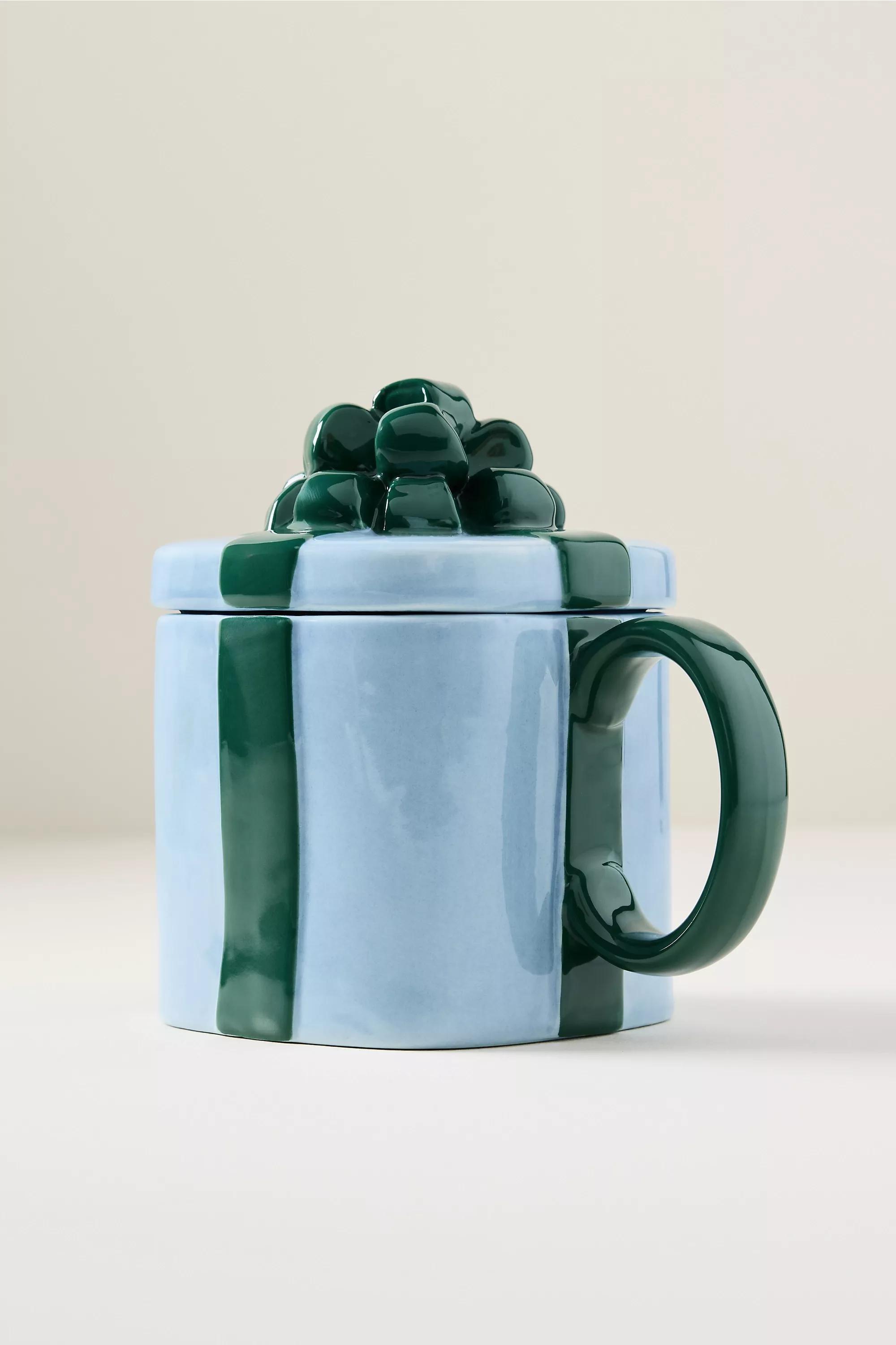 HOLLY Present Lidded Stoneware Mug, Green, medium
