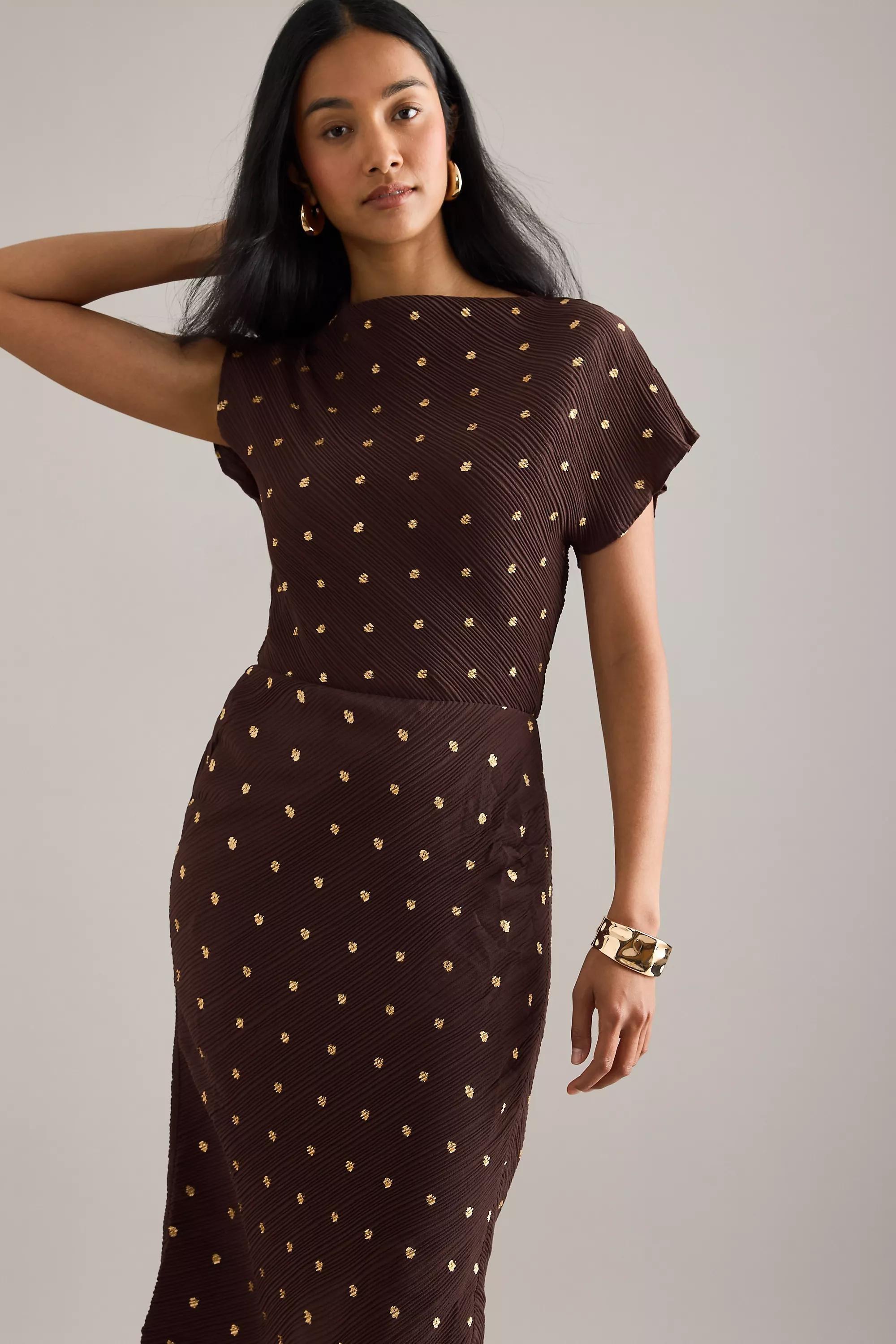 Never Fully Dressed Desiree Gold Jacquard Midi Dress, Brown, , large image number 2