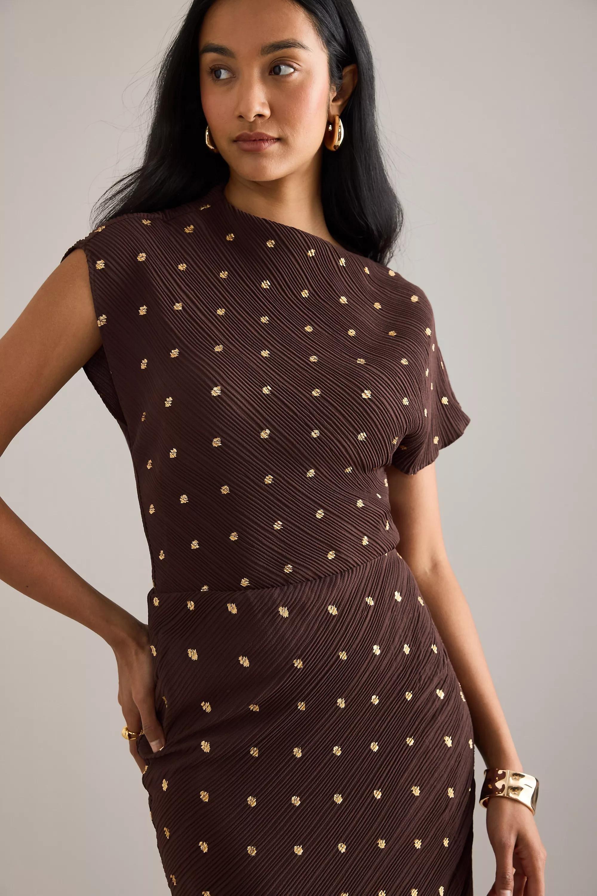 Never Fully Dressed Desiree Gold Jacquard Midi Dress, Brown, , large image number 4