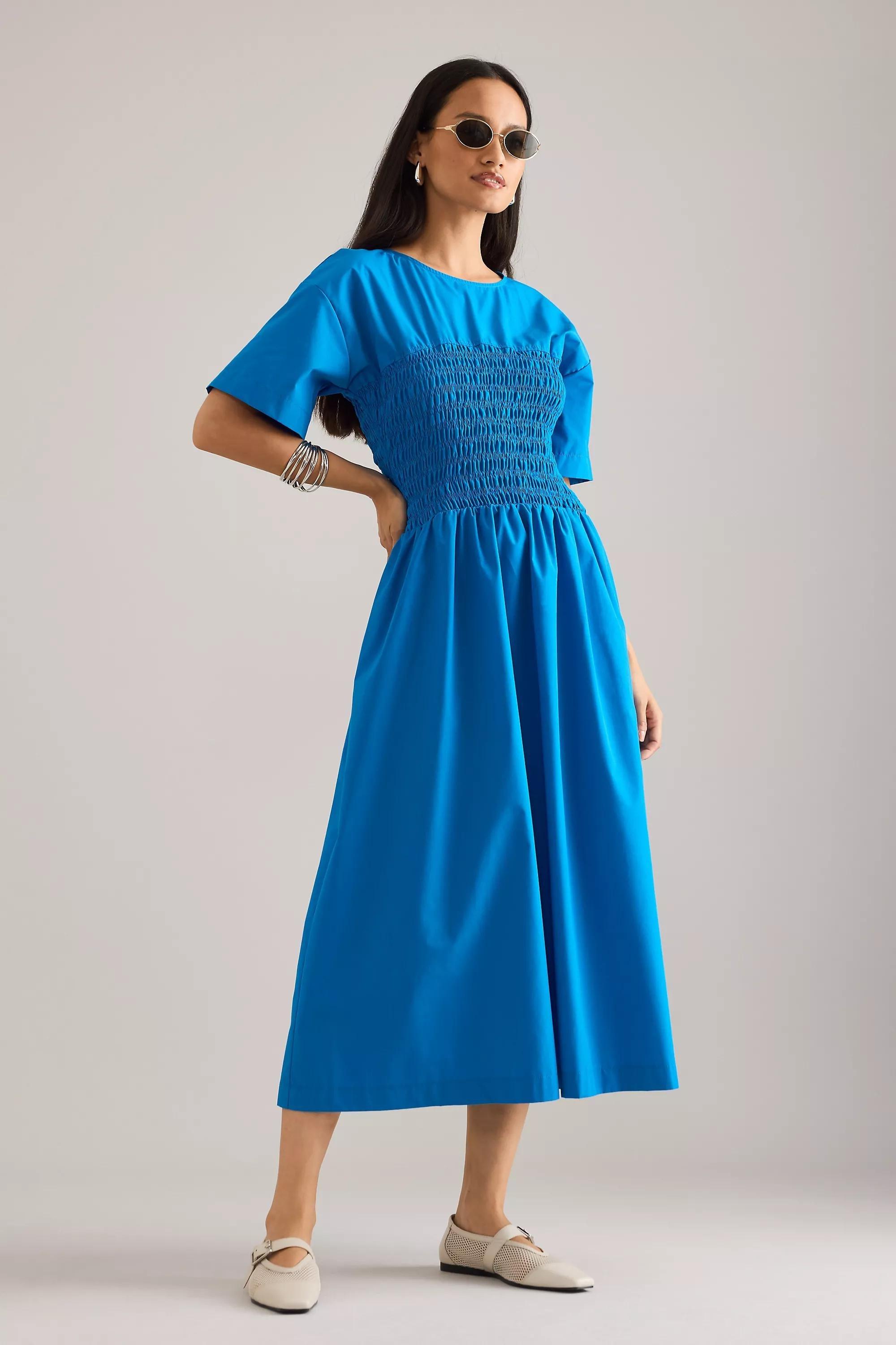 By Anthropologie Fern Smocked Short-Sleeve Midi Dress, Blue, , large image number 0