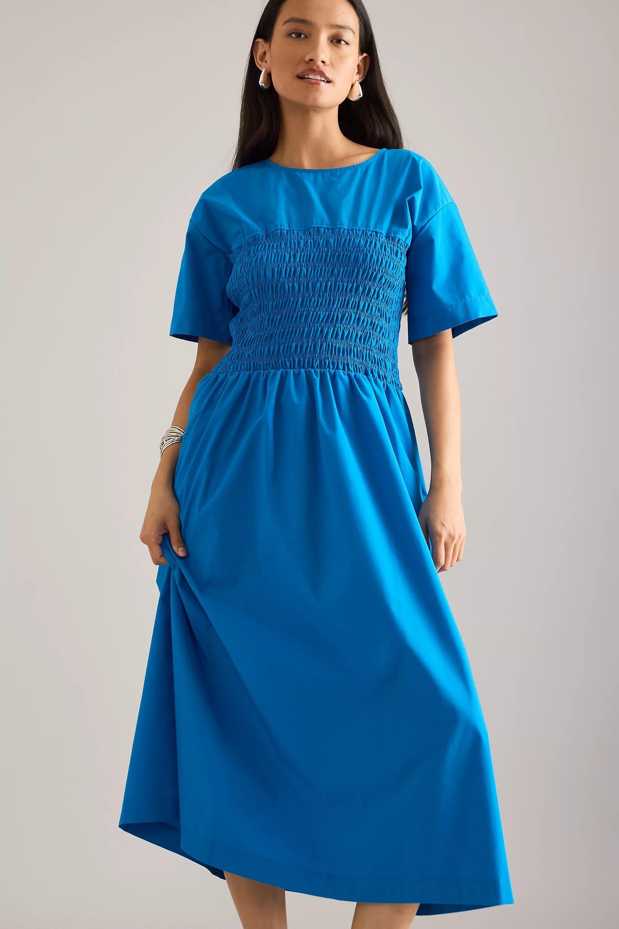 By Anthropologie Fern Smocked Short-Sleeve Midi Dress, Blue, , large image number 1