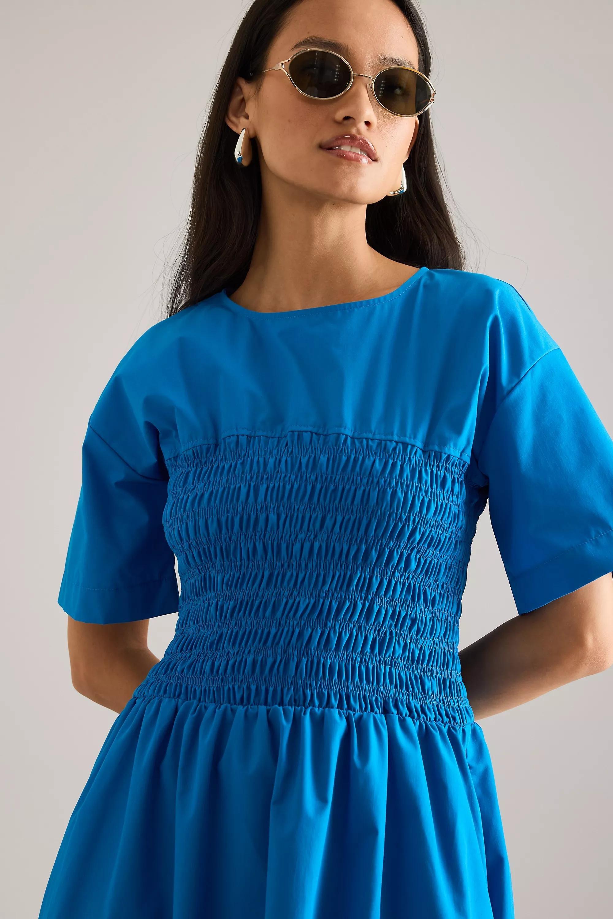 By Anthropologie Fern Smocked Short-Sleeve Midi Dress, Blue, , large image number 2