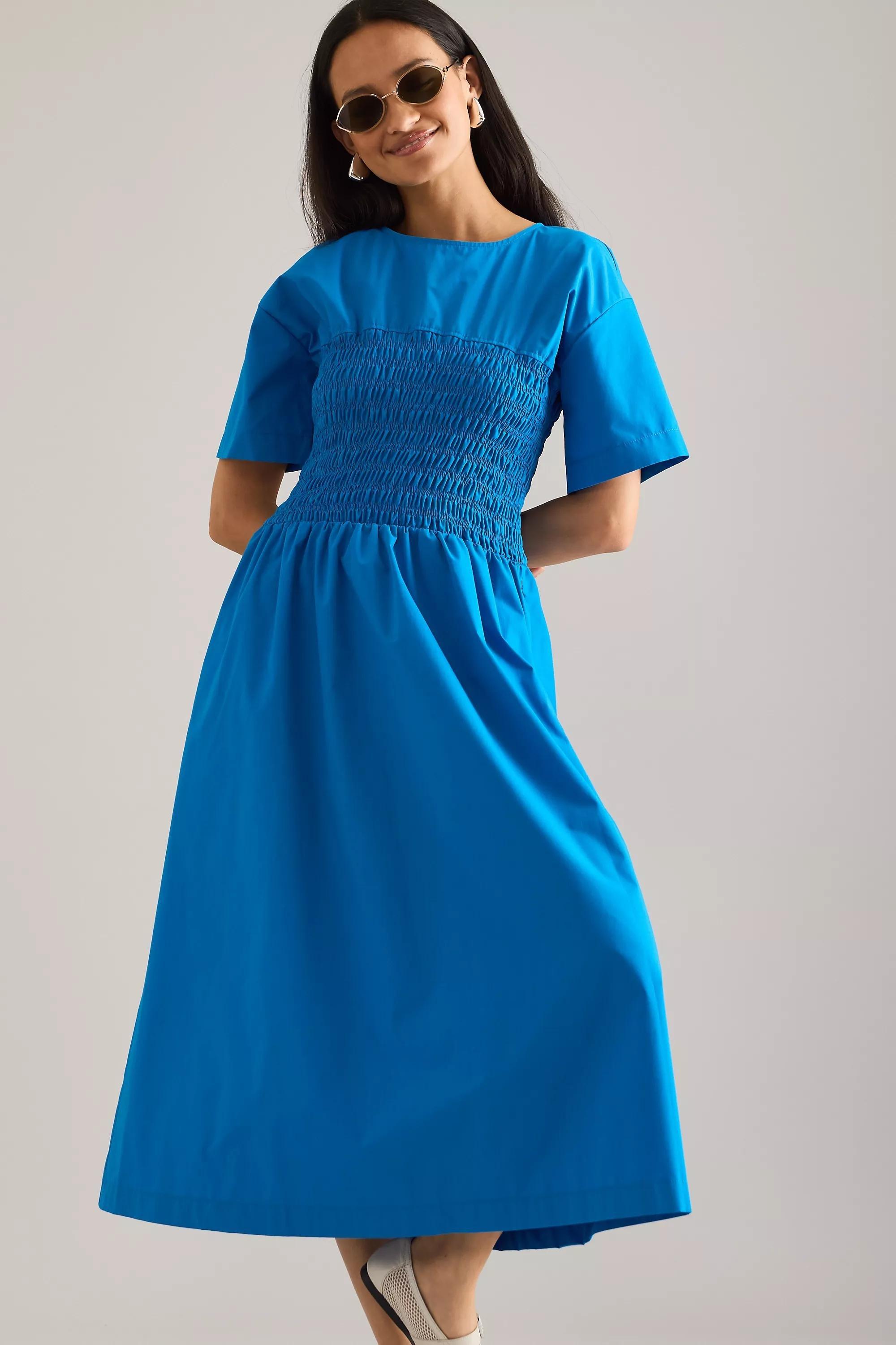 By Anthropologie Fern Smocked Short-Sleeve Midi Dress, Blue, , large image number 3