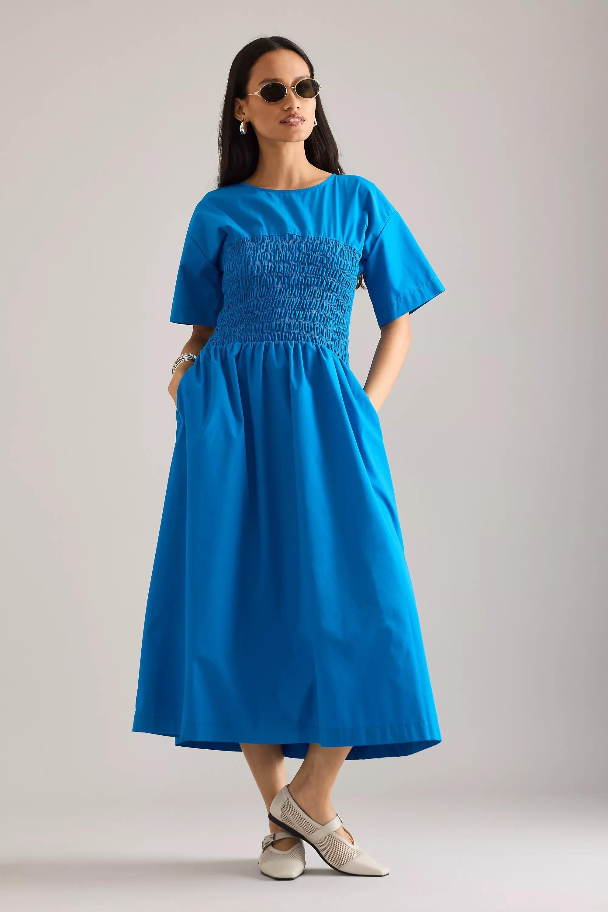 By Anthropologie Fern Smocked Short-Sleeve Midi Dress, Blue, , large image number 4