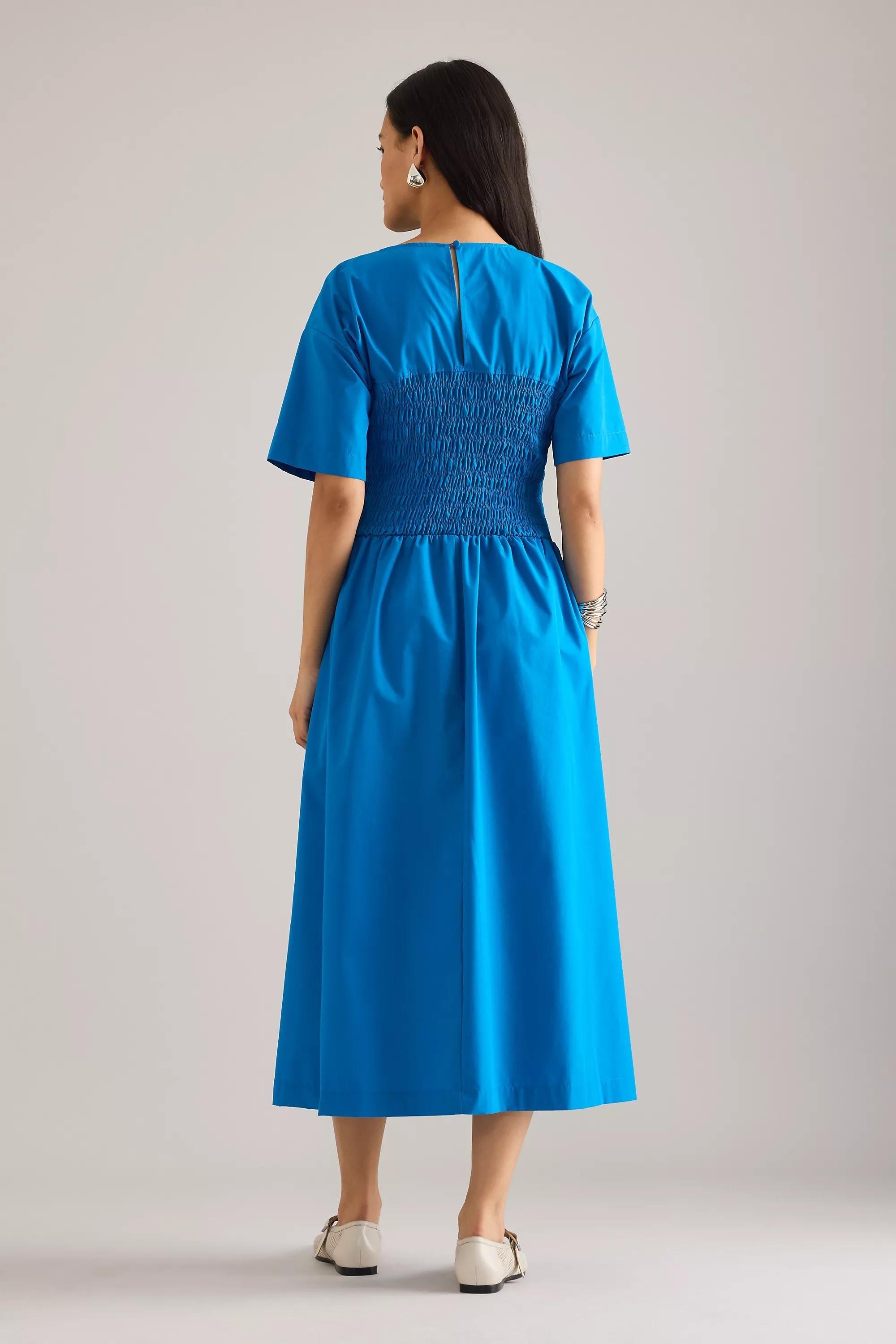 By Anthropologie Fern Smocked Short-Sleeve Midi Dress, Blue, , large image number 5