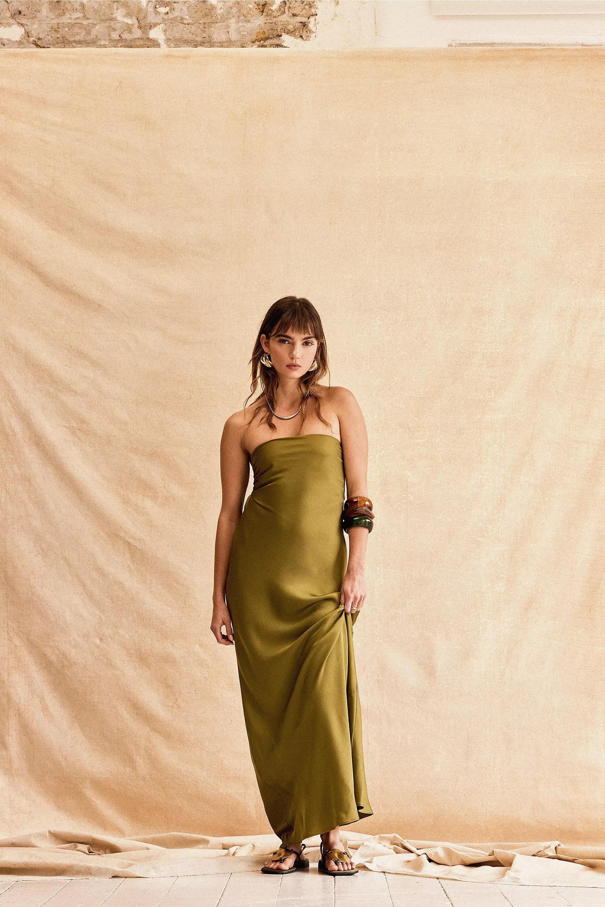 Cowl Back Strapless Satin Maxi Slip Dress, Green, , large image number 0