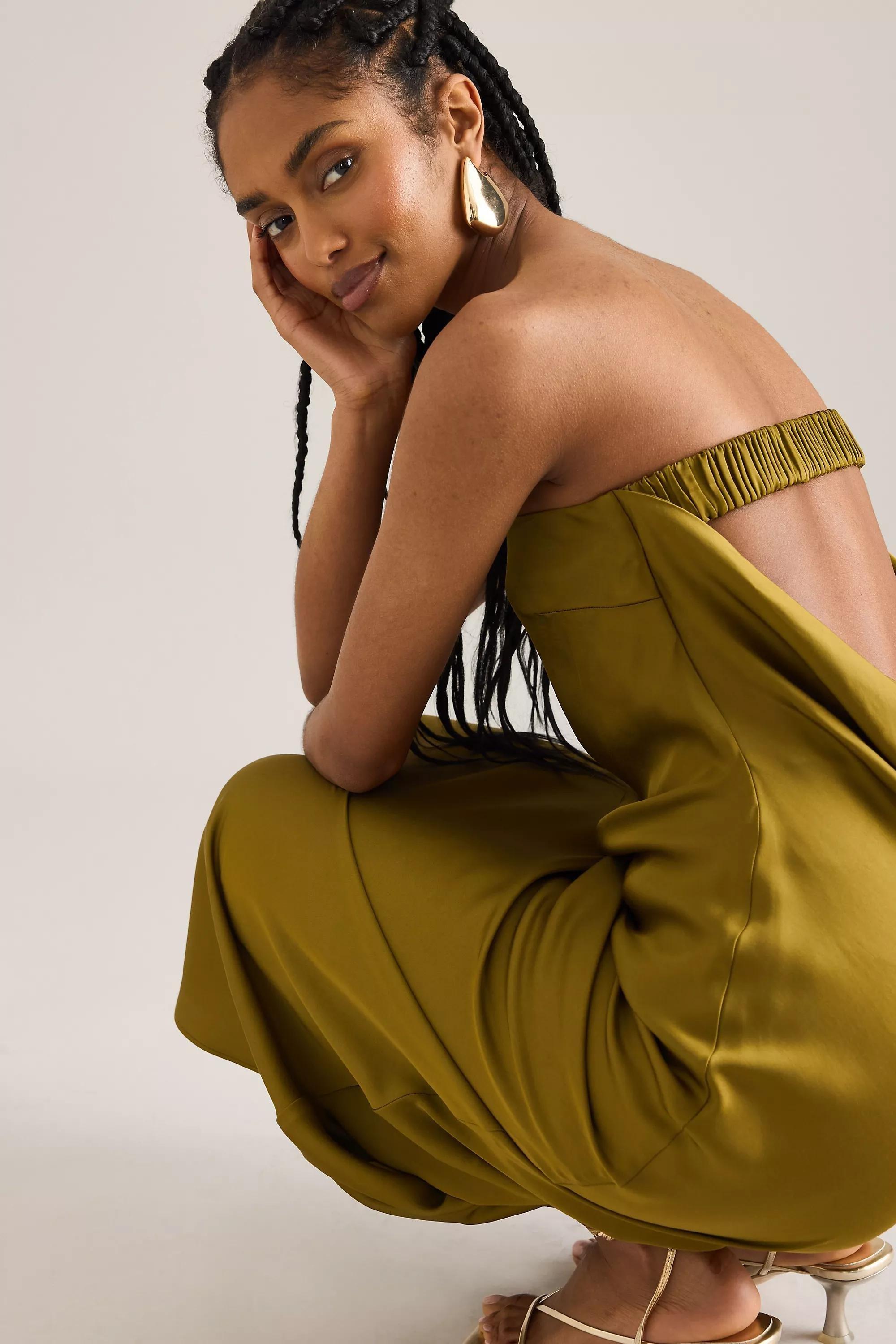 Cowl Back Strapless Satin Maxi Slip Dress, Green, , large image number 5