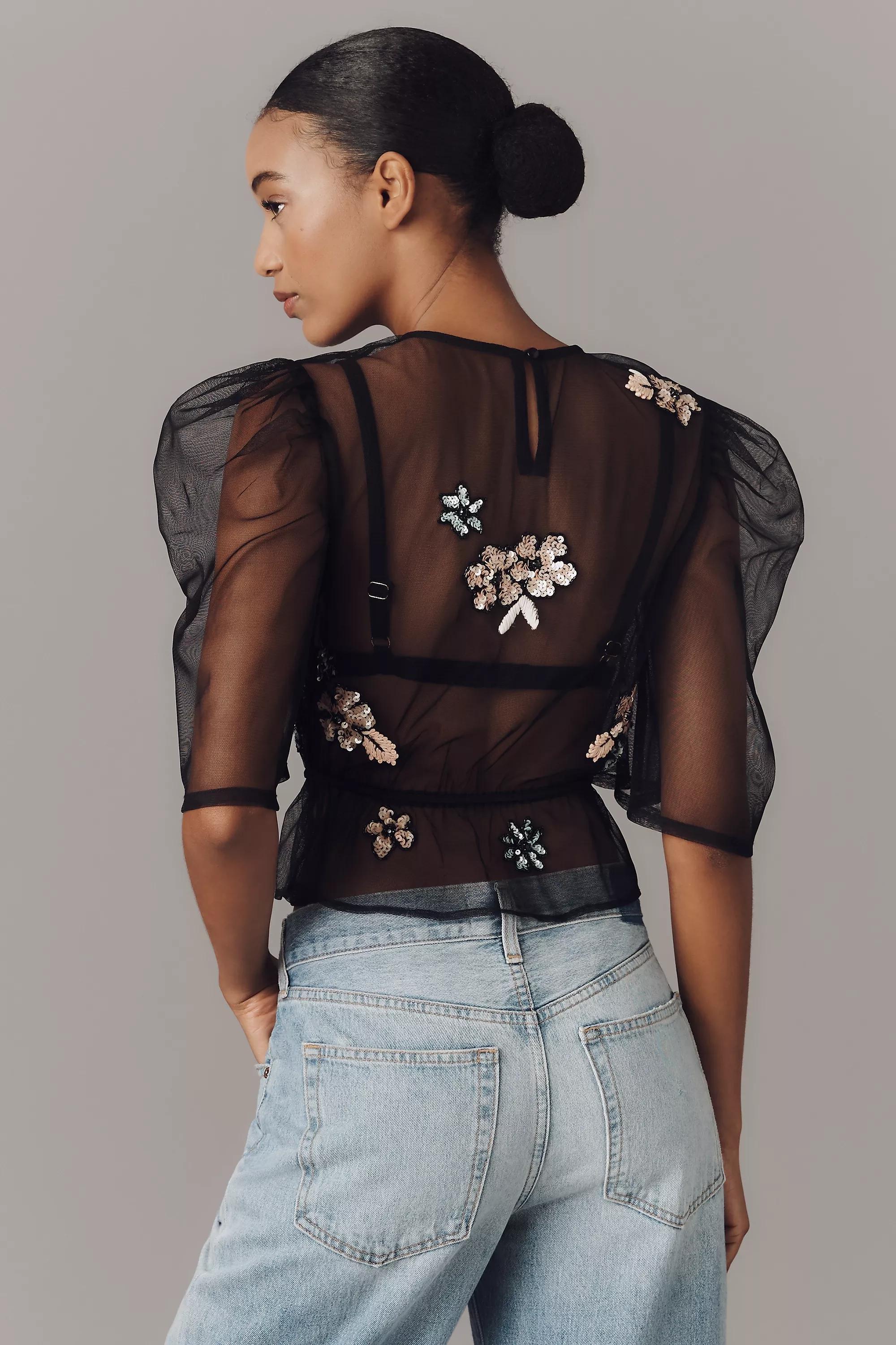 By Anthropologie Embellished Sheer Mesh Top, Black, A501_0001, large image number 1