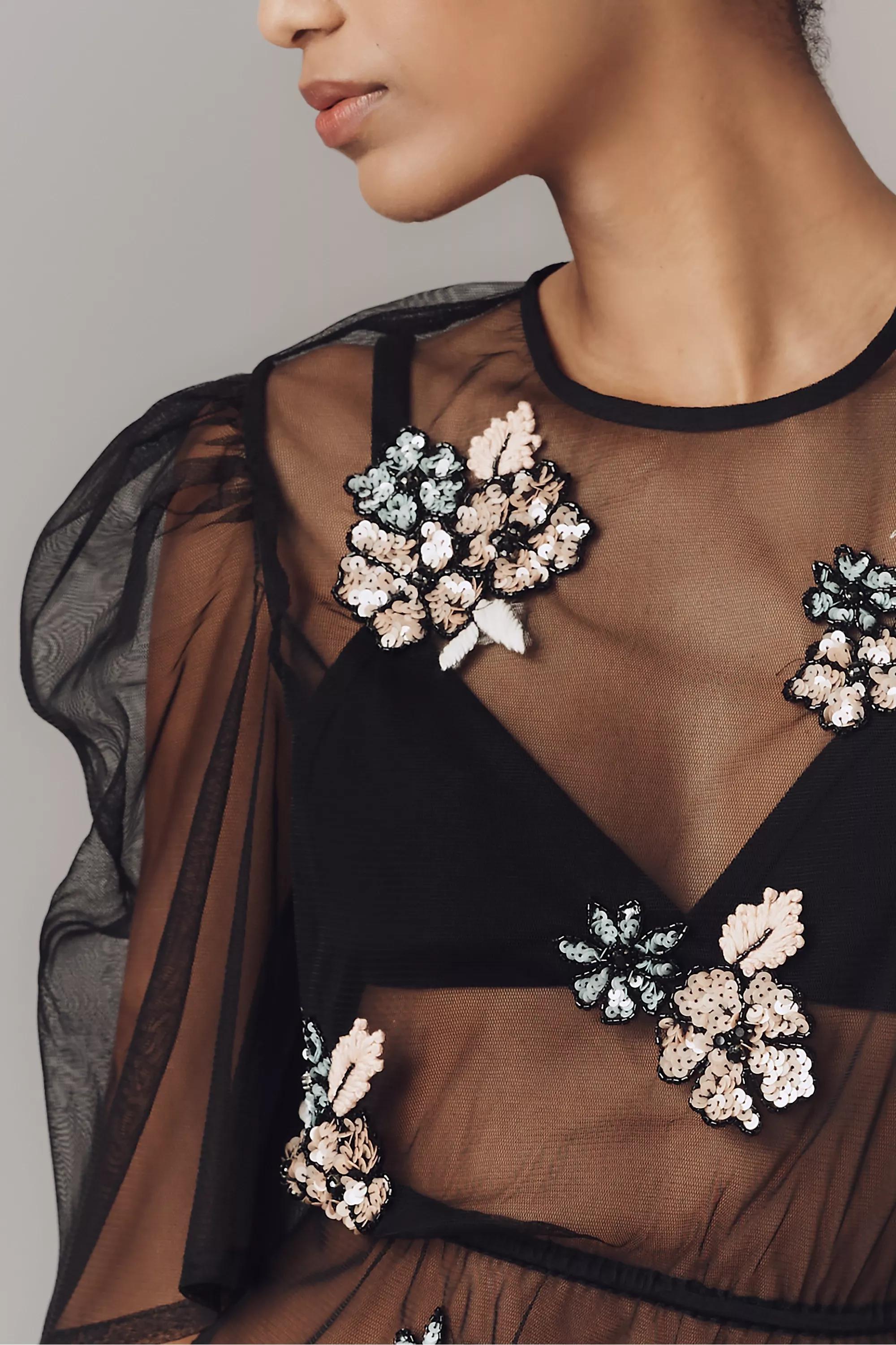 By Anthropologie Embellished Sheer Mesh Top, Black, A501_0001, large image number 2