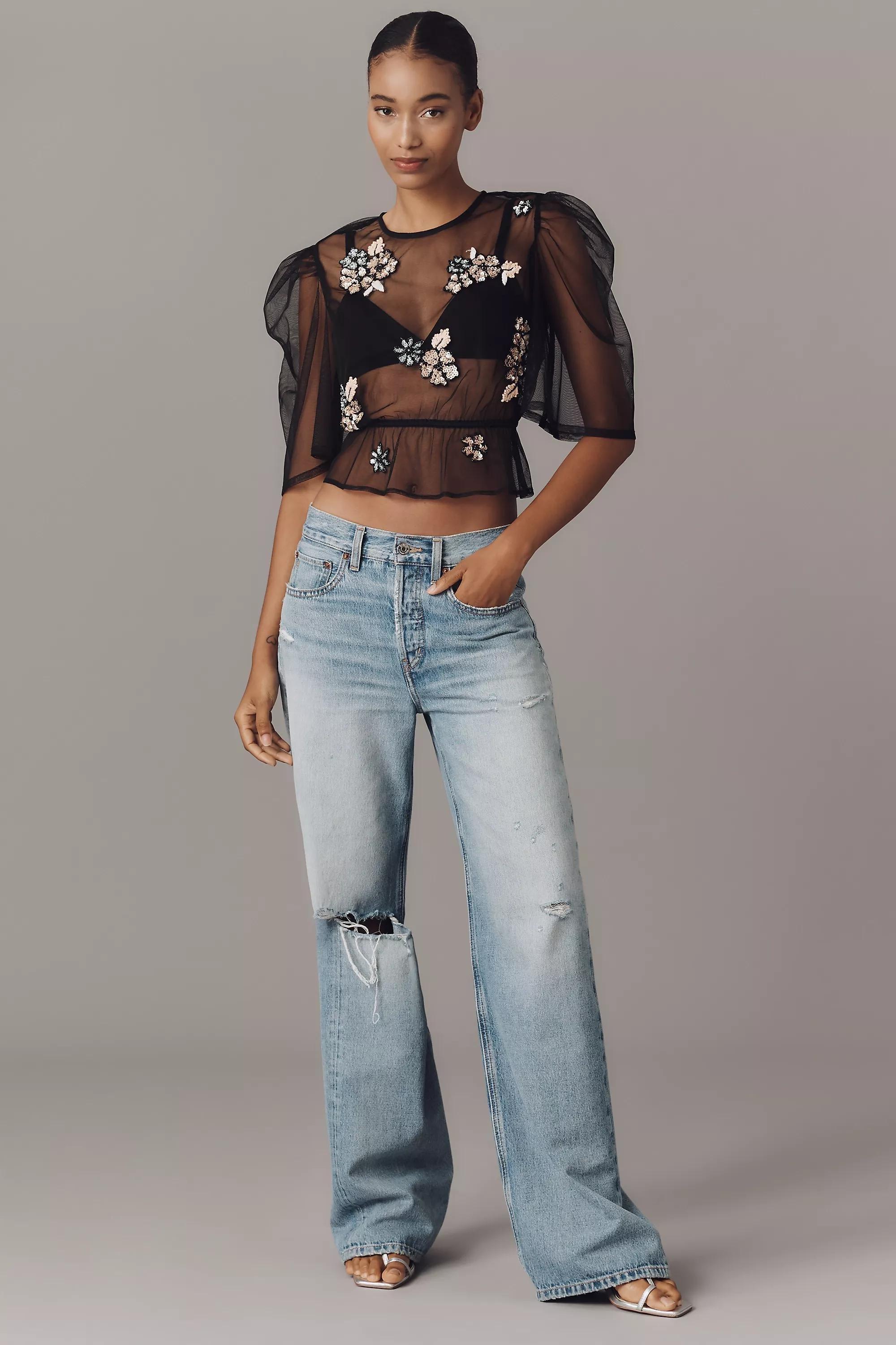 By Anthropologie Embellished Sheer Mesh Top, Black, A501_0001, large image number 3