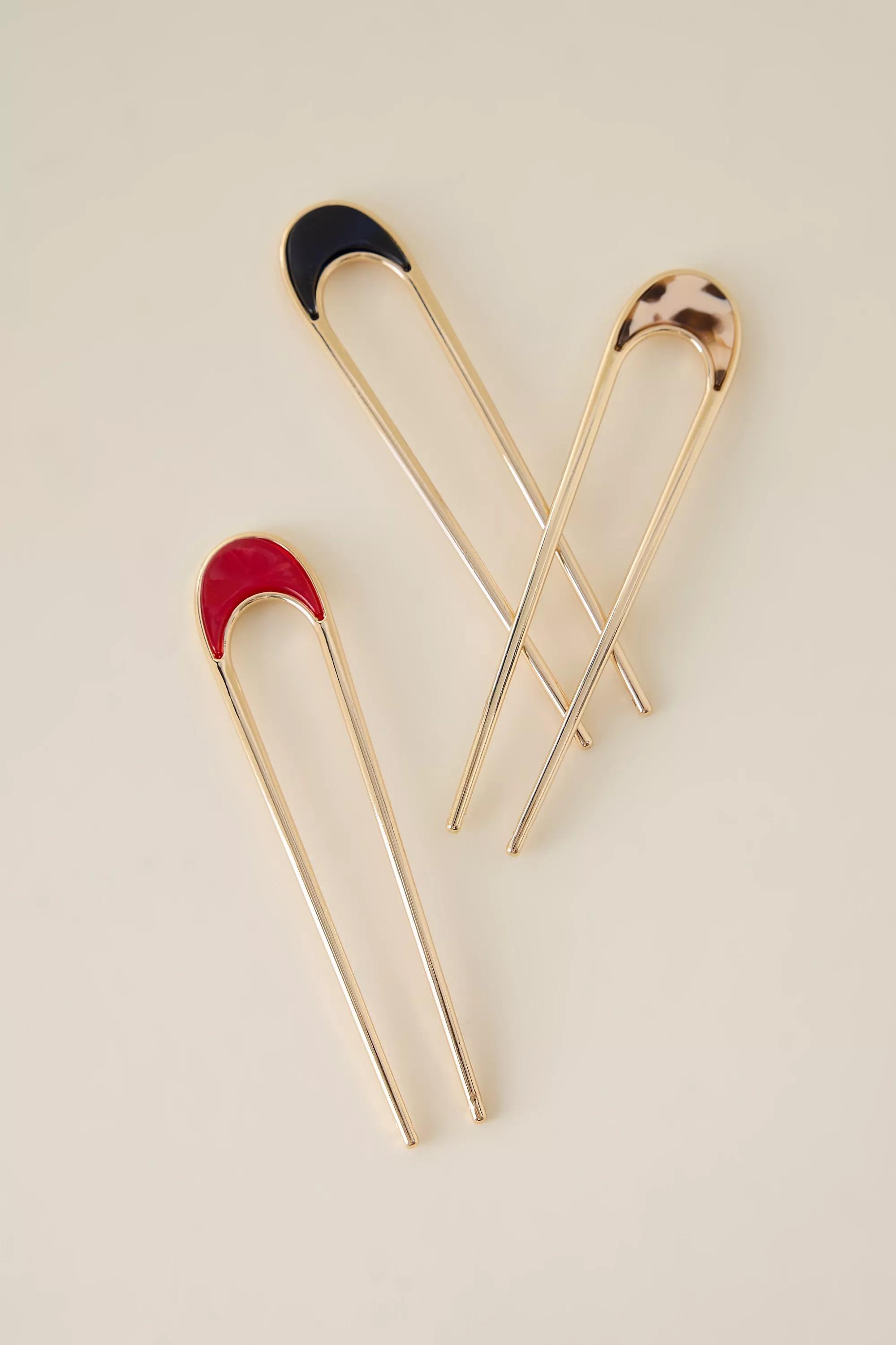 Metal French Hair Pins, Set Of 3, Gold, A501_0070, large image number 0