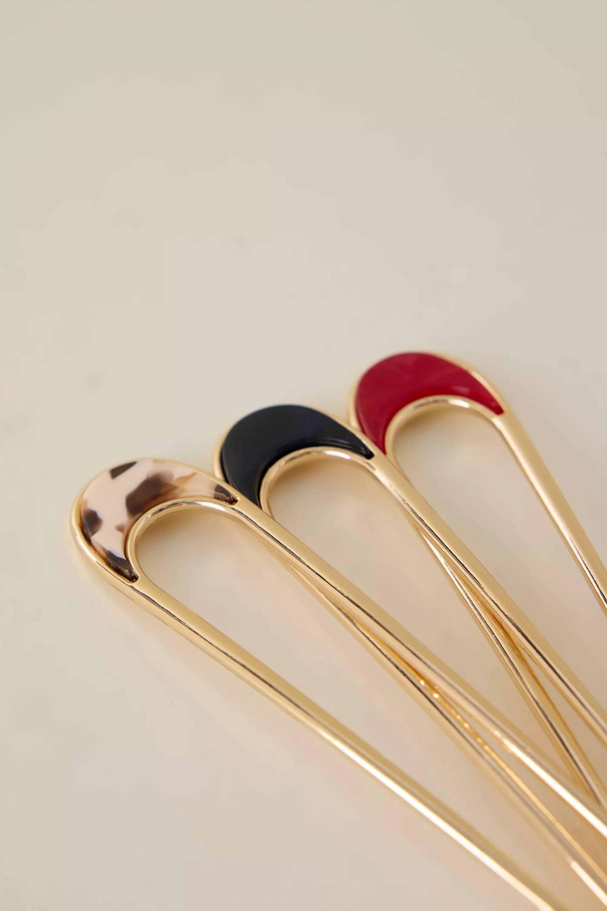 Metal French Hair Pins, Set Of 3, Gold, A501_0070, large image number 1