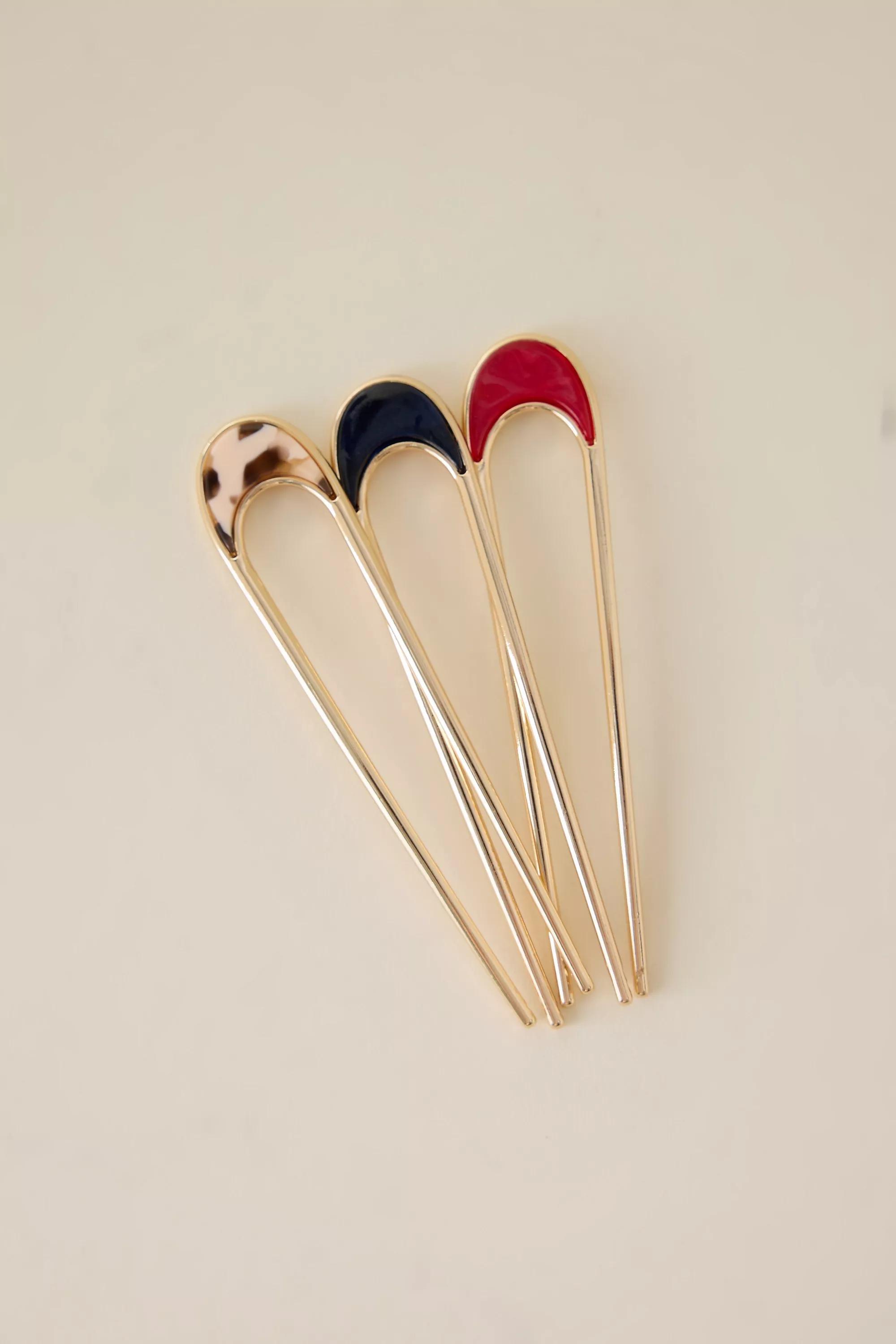 Metal French Hair Pins, Set Of 3, Gold, A501_0070, large image number 3