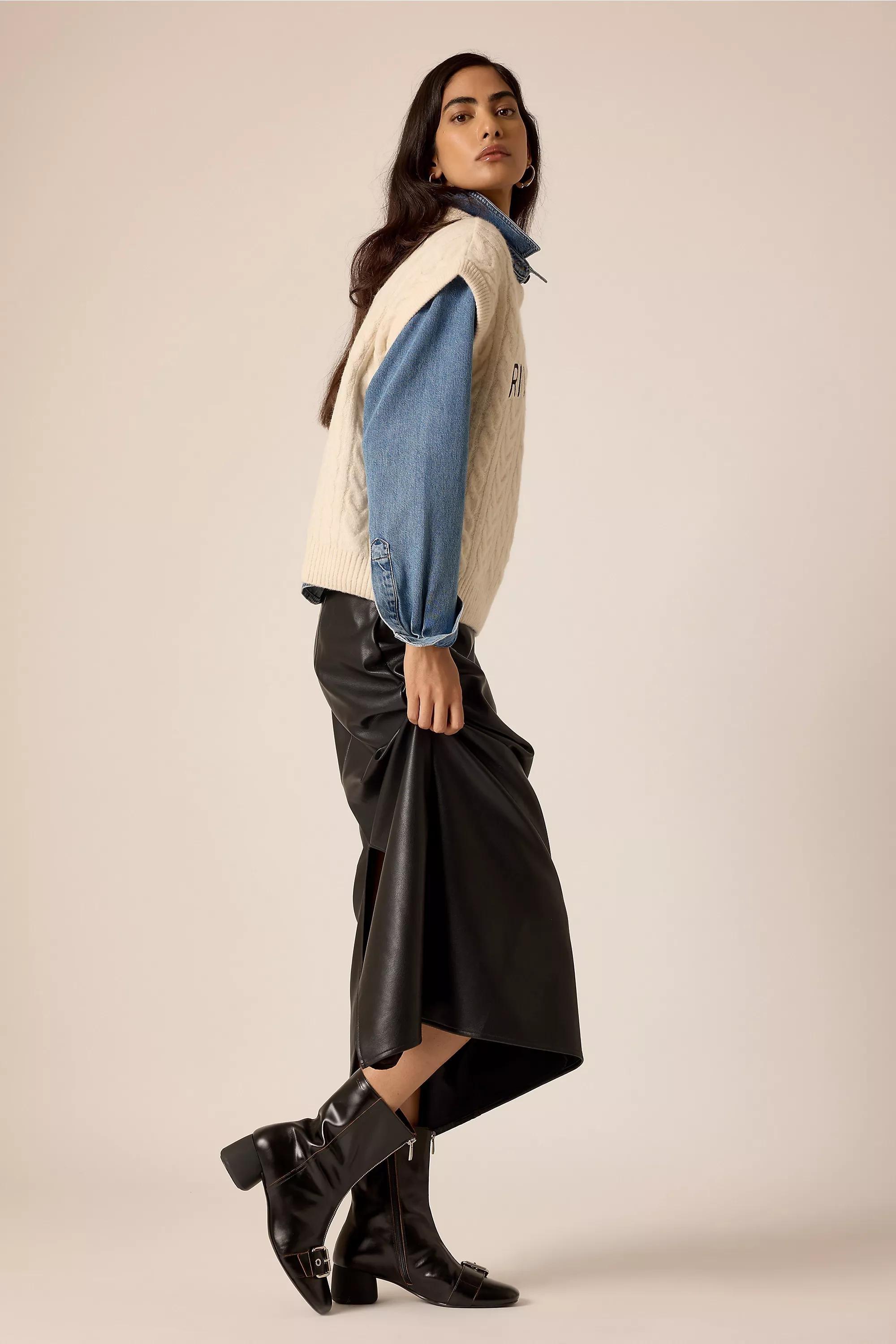 By Anthropologie Belted Faux-Leather Skirt, Black, A501_0001, large image number 2